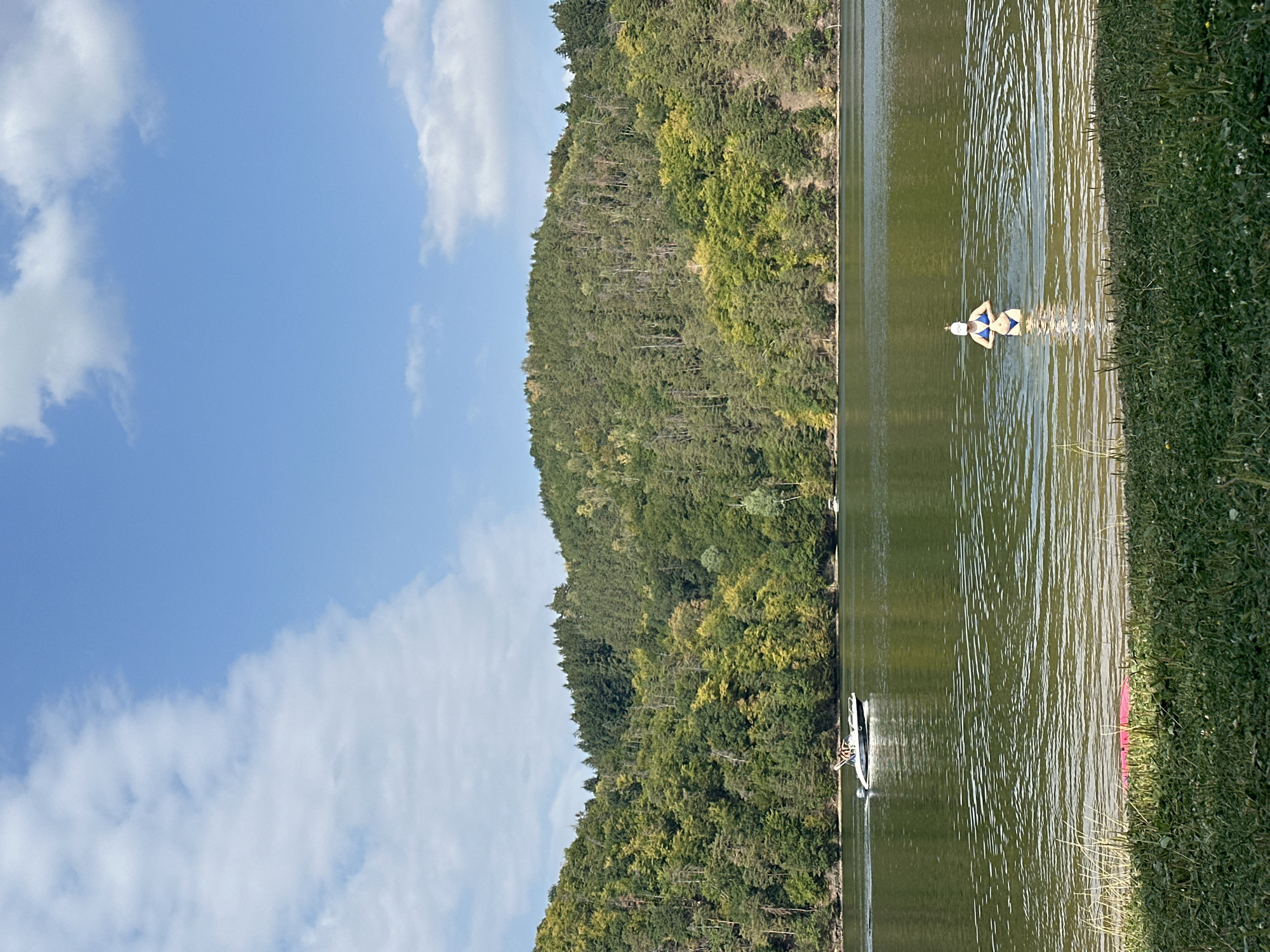 In a serene natural landscape, a person is wading in the shallow waters of a lake, their legs submerged up to the thighs. They are wearing a blue bikini and a white cap, with their hands positioned near their waist. The water's surface is rippled, reflecting the overcast sky and the lush green trees that cover the surrounding hills. In the distance, a motorboat navigates the lake, leaving a faint wake. The foreground features a grassy bank with some wildflowers and a hint of a pink object near the water's edge. The scene appears to be a tranquil outdoor recreational area, likely a lake in a wooded region.