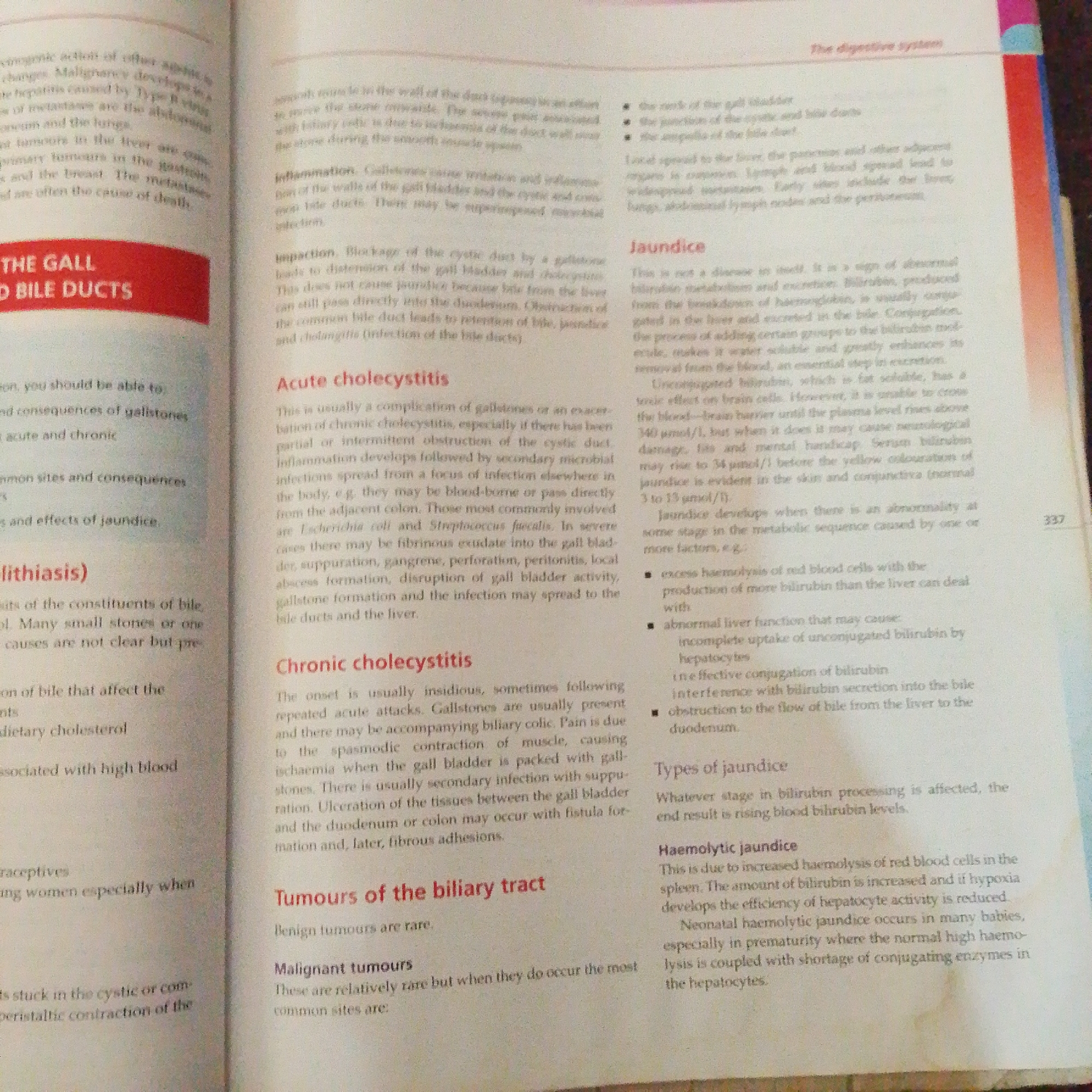 The image displays two pages of an open book. The left page has a red heading "THE GALL" followed by "BILE DUCTS" in white text. Below this are bullet points describing effects and causes related to gallstones and bile. The right page has a heading "The digestive system" at the top. Below this are sections on "Jaundice," "Acute cholecystitis," "Chronic cholecystitis," and "Tumours of the biliary tract." The text is in English and discusses medical conditions and their symptoms. There is no information present in the image that relates to the city of Jalingo, Nigeria.