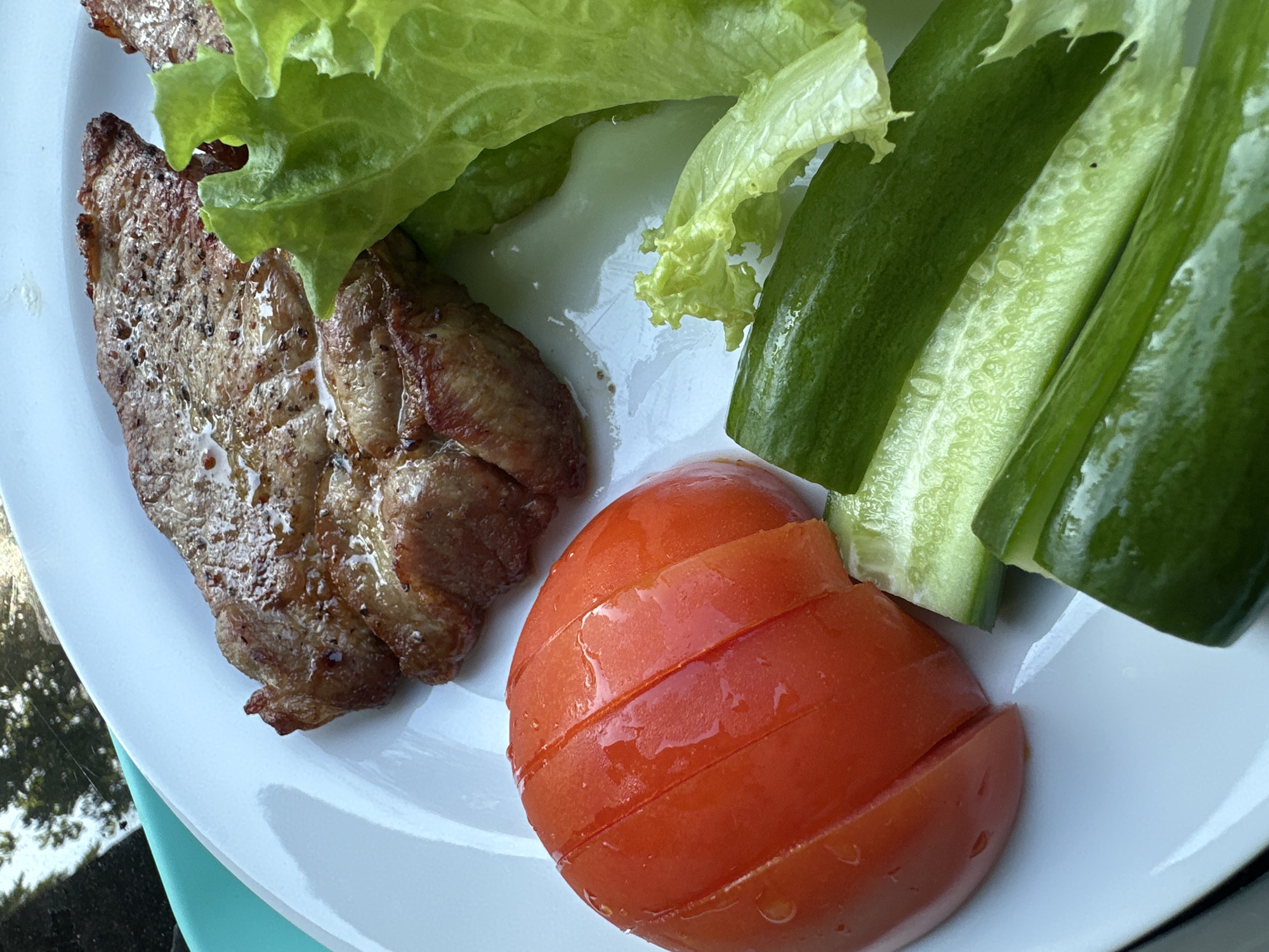 A close-up, overhead shot of a white plate containing a meal of grilled meat, lettuce, sliced tomato, and cucumber. The meat, appearing to be pork or beef, is seasoned with pepper and has grill marks. A few leaves of bright green lettuce are on the right side of the plate. To the left, a tomato is sliced horizontally and appears juicy, with water droplets on its surface. Beneath the tomato and to the right are several slices of cucumber, showing their textured skin and inner seeds. The background suggests an outdoor setting with a hint of greenery and sunlight reflecting on the plate. There is no discernible information to place this image in Krefeld, Germany.
