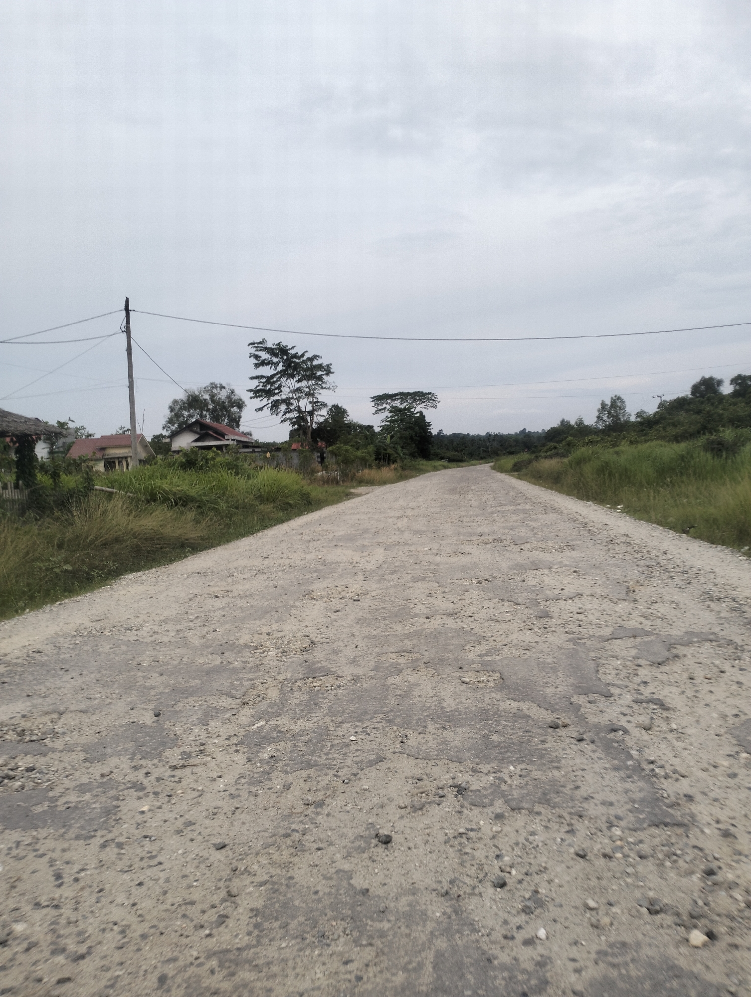 The image shows a paved road in Lhokseumawe, Indonesia, with a cloudy sky overhead. The road surface is cracked and has many potholes. On the left side of the road, there are some houses, tall grass, and trees. On the right side, there is tall grass and more trees, with hills in the background. There are utility poles and wires visible along the road. The scene appears to be a rural or suburban area.
