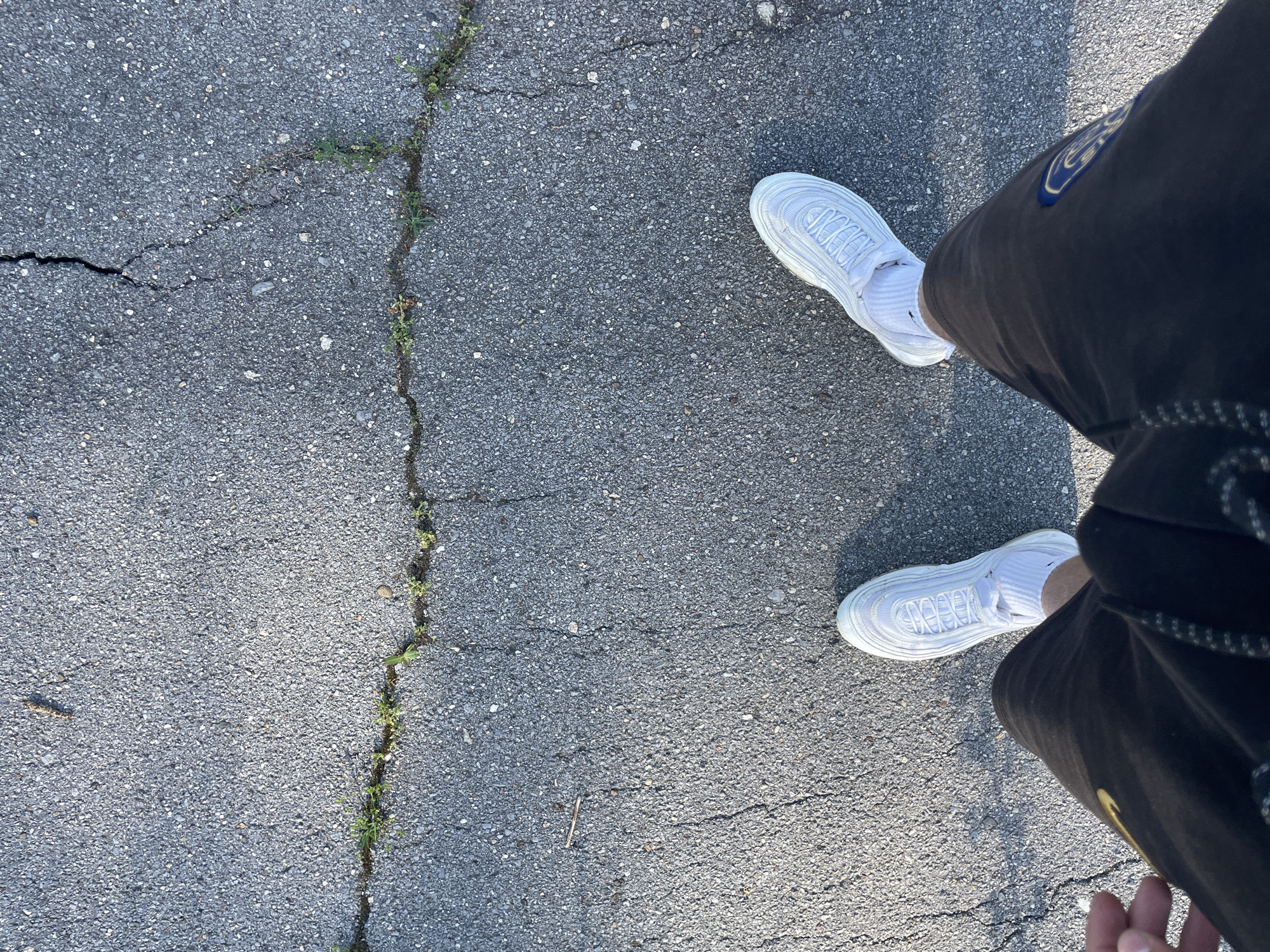 The image presents a high-angle, first-person perspective looking down at a person's feet on a paved outdoor surface. The subject is wearing a pair of white athletic sneakers with white socks, paired with dark shorts or pants.
Both white sneakers have the word "CREPEY" visibly embossed or printed in white on the upper part, near the laces. The shoes exhibit a distinct ribbed texture. The dark shorts/pants feature a circular patch on the right thigh, displaying blue and yellow colors. Some lighter-colored stitching or patterns are also visible on the dark fabric.
The ground is a coarse, grey asphalt or tarmac surface, mottled with small white and grey pebbles. It shows signs of wear with several prominent cracks. Green weeds and grass are growing out of these cracks, particularly along a noticeable linear crack running from the top to the bottom of the left side of the frame. The lighting suggests a bright, sunny day, with clear shadows cast by the person, indicating either morning or afternoon. The scene depicts a common urban or suburban setting, such as a street, sidewalk, or parking lot. The provided context places this scene in Sofia, Bulgaria.