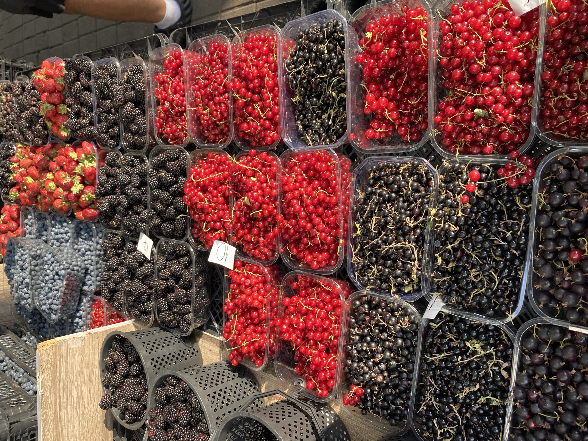 The image shows a market stall overflowing with a variety of fresh berries. The primary subjects are containers of red currants, blackcurrants, blackberries, strawberries, and blueberries, neatly arranged in clear plastic punnets and some black plastic baskets. The berries are brightly colored and appear ripe.
The scene is set outdoors, likely at a market given the arrangement of produce and the presence of a person's legs and feet, wearing black shoes and white socks, at the top of the frame. The lighting suggests it is daytime, with strong sunlight casting shadows and highlighting the glistening surfaces of the berries. The weather appears to be warm and sunny.
Notable details include small white price tags visible on some of the punnets of red currants, one of which reads "10" and another "01". The berries are densely packed, suggesting a fresh and abundant harvest. The setting, combined with the produce, strongly indicates a vibrant, bustling market environment. There are no explicit cues about emotions, but the abundance and freshness of the fruit imply a positive and lively atmosphere typical of a successful market. The location context of Batumi, Georgia, would suggest this is a local market scene in that region, possibly during the summer berry season.