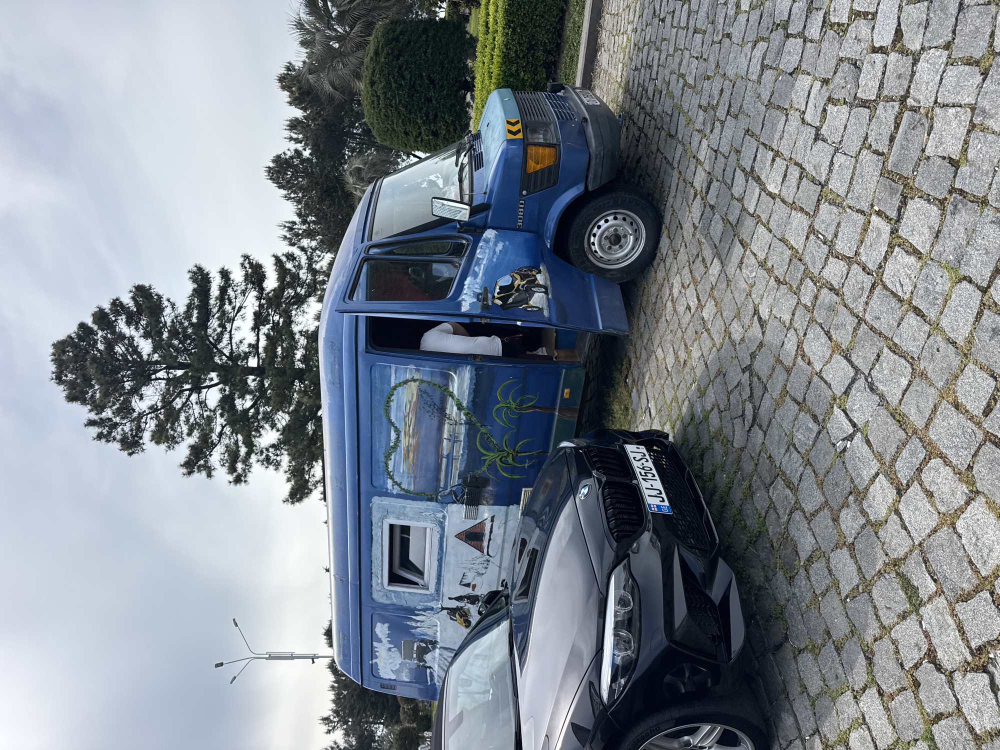 The image shows a parked blue van with painted designs, including a beach scene, beside a black BMW car. The license plate of the BMW reads "JJ-156-SJ". The scene takes place on a cobblestone pavement. A person is visible inside the van, sitting near the open door. The background includes trees, bushes, and a street lamp. The city of Batumi, Georgia, is not directly discernible from the image.