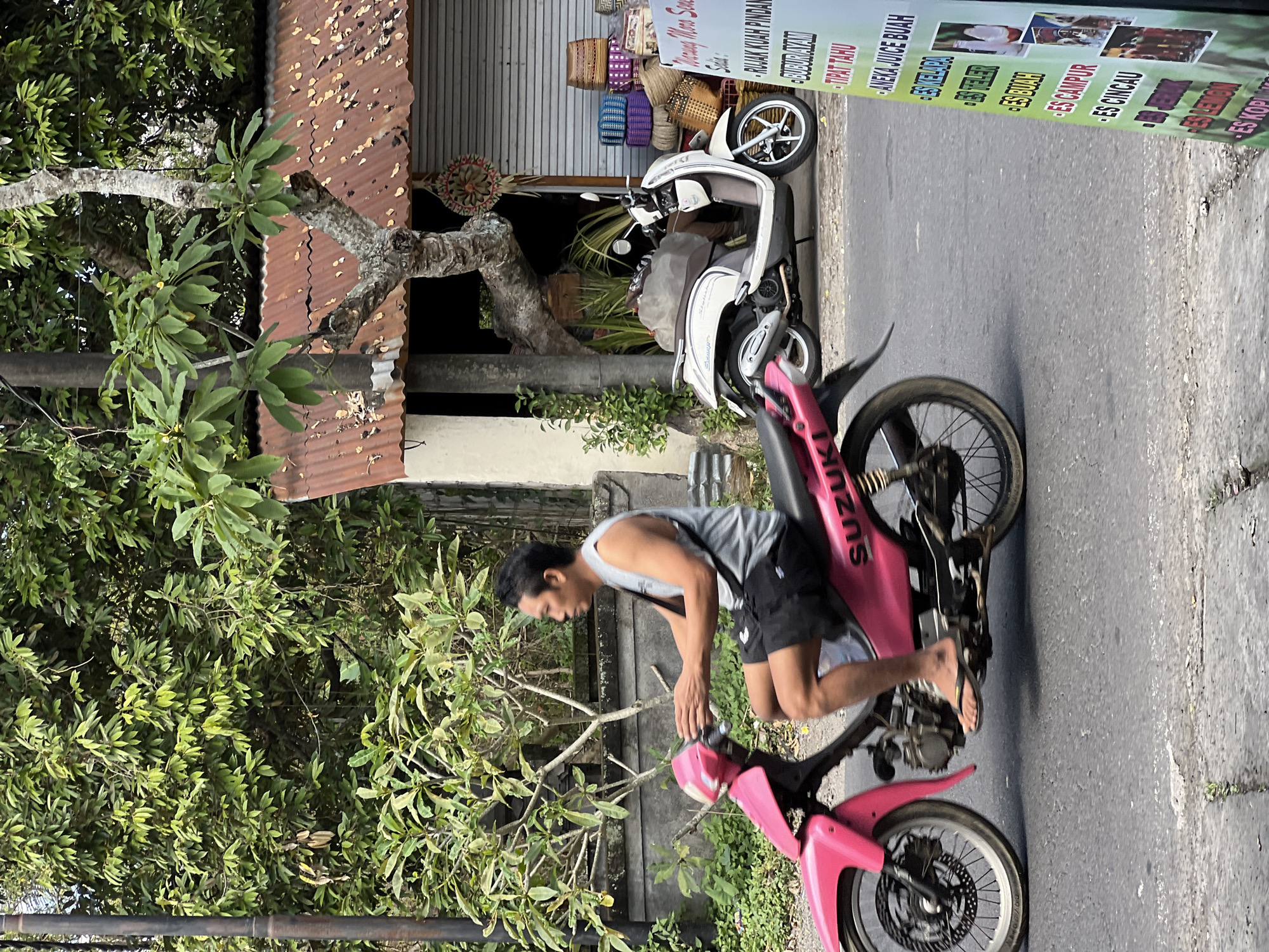 In Payangan, Indonesia, a man is riding a bright pink Suzuki motorcycle on a paved road. He is wearing a gray sleeveless shirt and black shorts, with his right foot resting on the footpeg. The motorcycle has a silver exhaust pipe and a black seat. Behind him, a white scooter is parked in front of a building with a rusted corrugated metal roof. The building has shelves displaying woven baskets and what appears to be merchandise. A sign in front of the building lists various food and drink items in Indonesian, including "Rujak Kuah Pindang" and "Aneka Juice Buah". Lush green trees and foliage surround the scene, with a utility pole visible on the left.