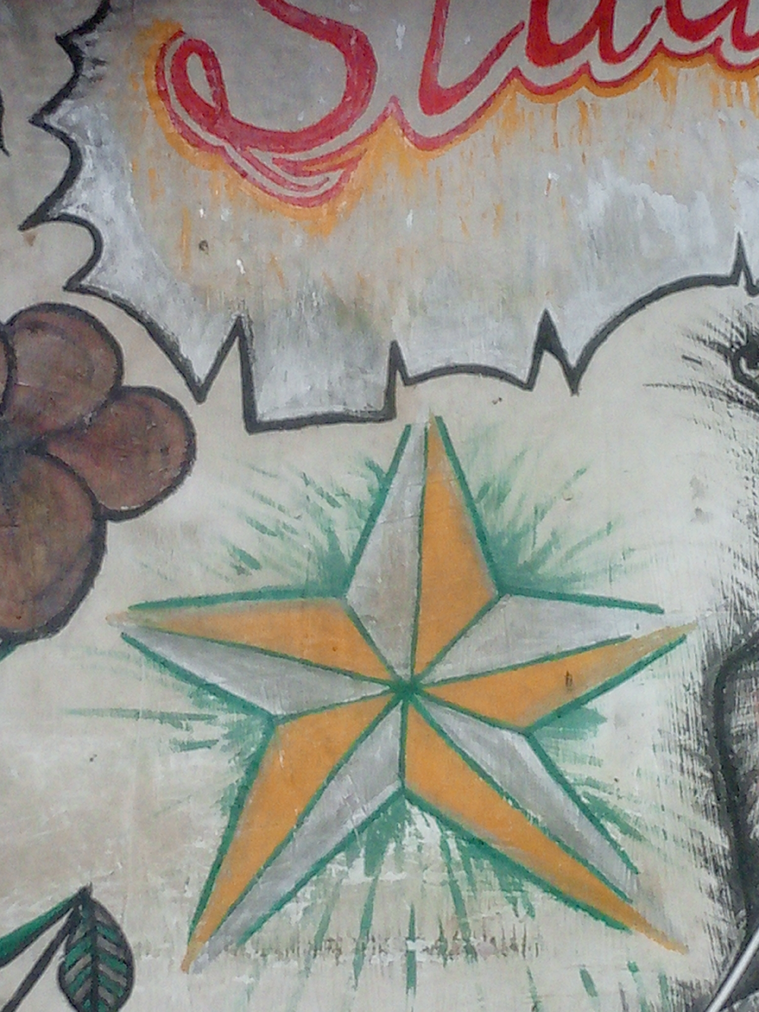 This close-up image showcases a section of a vibrant, hand-painted artwork, likely a mural or street art piece, characterized by a graphic and stylized aesthetic. The central and most prominent feature is a large, five-pointed star, rendered with a faceted, three-dimensional appearance. Its alternating segments are colored in bright yellow-orange and light grey-silver, each sharply outlined in green. Dynamic green brushstrokes radiate outwards from the star, creating a sense of energy or a halo effect.
In the upper part of the frame, bold, stylized red lines with thinner red outlines curve across a background that transitions from orange to light grey. These lines strongly resemble partial lettering, possibly spelling "Su" or "SUM," suggesting part of a word or title. To the left of the star, a cluster of rounded, organic brown shapes, outlined in dark brown, resembles flower petals or a similar botanical motif. A green stem with a dark-veined leaf is partially visible in the bottom-left corner.
The artwork is painted on a mottled light grey and white surface, which exhibits visible brushstrokes and an uneven texture, suggesting it is applied to a wall or coarse material. The overall style features clear outlines and distinct color blocking, typical of illustrative or tattoo-inspired art. No specific activity or event is taking place; the image captures a static piece of art.