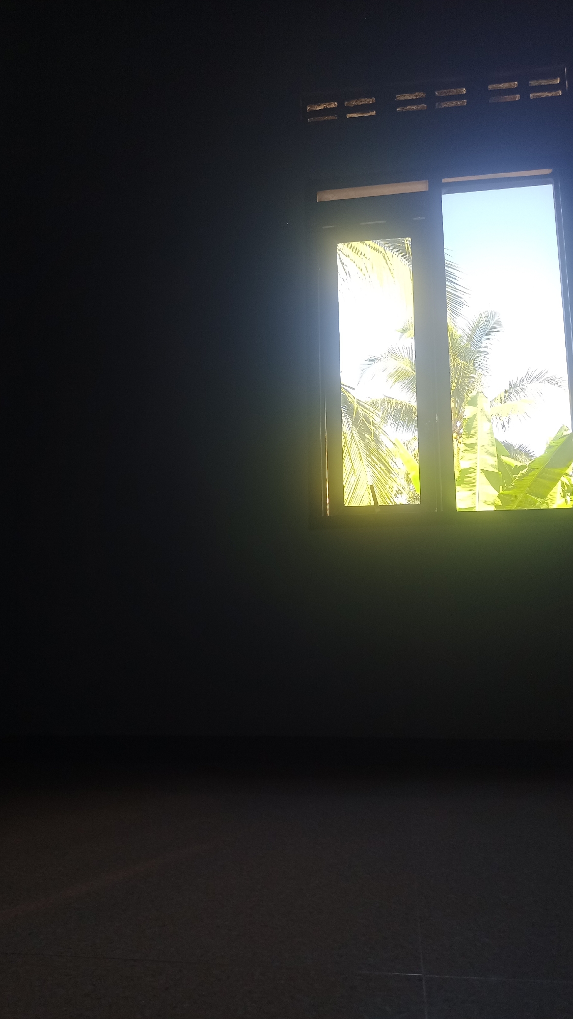 The image depicts an interior view of a room, looking out a window at lush green tropical foliage, likely coconut palm trees and banana leaves, bathed in bright sunlight. The room is dark, with a strong beam of sunlight entering from the window, illuminating a portion of the floor. The window itself is divided into two panes, with the left pane showing more of the palm fronds and the right pane showing a clearer view of the sky. Above the window, there are ventilation slats. The floor appears to be tiled. There are no people visible in the image. The overall impression is one of a bright, tropical environment viewed from a dimly lit interior space. The location is specified as Pakemitan, Indonesia, suggesting a rural or semi-rural setting with abundant vegetation.