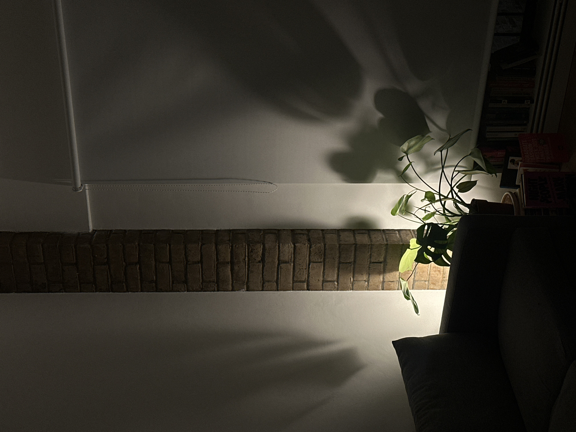 An indoor, dimly lit scene captures a potted plant, likely a Monstera, on the right side, dramatically illuminated from below and to its right. The plant's leaves are a vibrant green where the light hits them, casting large, distinct shadows onto the white wall behind it and to its left.
In the upper left quadrant, a white pipe or conduit runs vertically, connecting to another horizontal pipe lower down the wall, against a dark ceiling. A prominent horizontal band with a brick pattern, appearing as a beam or decorative panel, crosses the mid-section of the image. Below this brick feature, the white wall continues, with more subtle shadows extending from the plant towards the bottom left.
To the far right, part of a dark armchair or sofa with a cushion is visible, mostly obscured by shadow. Above the plant and to the right, a bookshelf can be seen, filled with books, some appearing to have indiscernible text on their spines, such as "GRADUATE FASHION 2020." The overall lighting suggests nighttime or a very low-light interior setting, creating a high-contrast, moody atmosphere. No people are present, and no specific activity is taking place. The scene is static, focusing on the interplay of light and shadow within the interior space. The setting appears to be a room, possibly a living room or study.