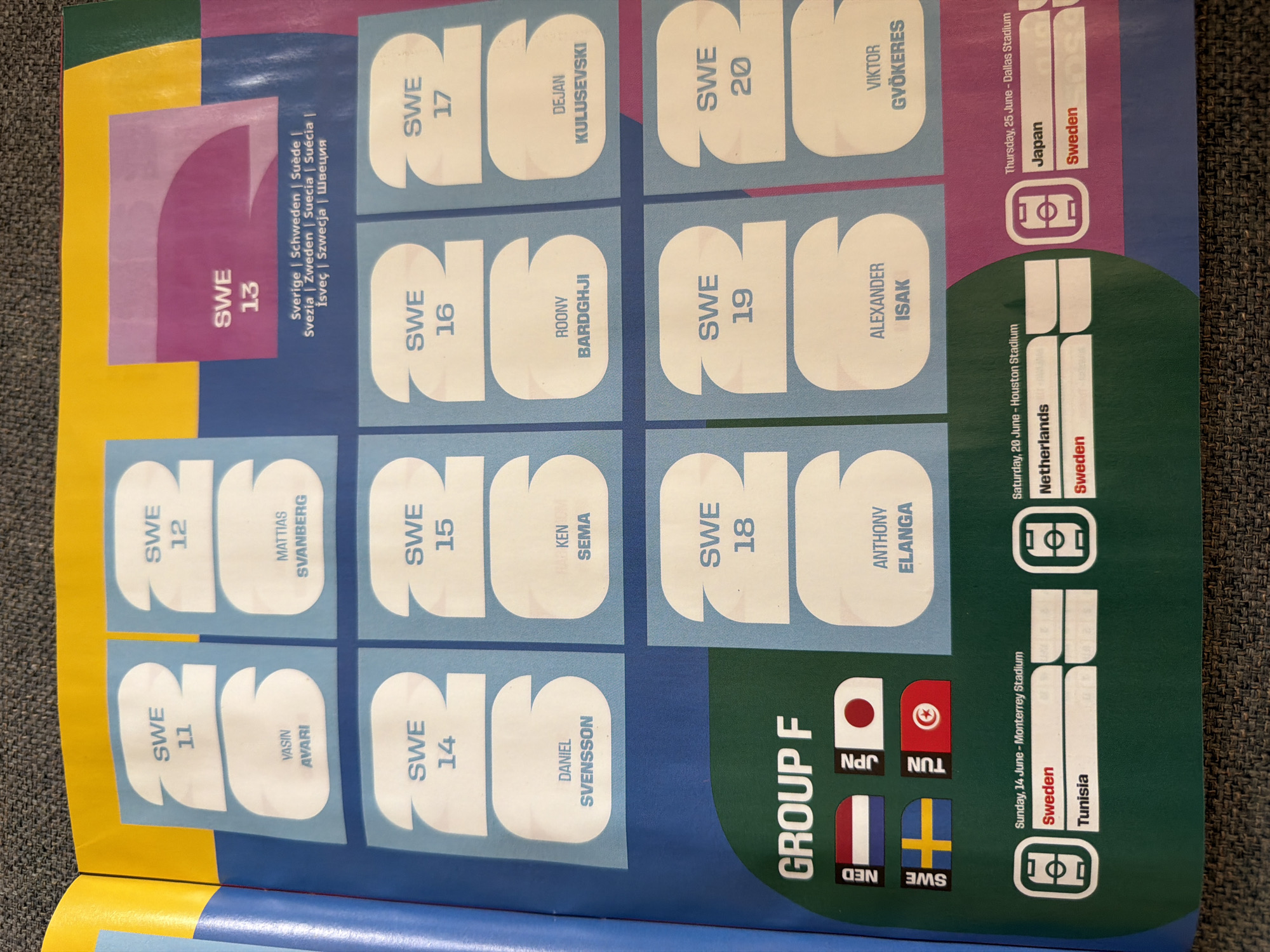The image shows a page from a sticker album, likely for a football (soccer) tournament. The page displays player stickers for the Swedish national team (labeled "SWE"). There are multiple stickers with player names and numbers, such as "SWE 11" with the name "VASIN AVARI", "SWE 12" with "MATTIAS SVANBERG", and so on, up to "SWE 20" with "VIKTOR GYÖKERES". The album also features national flags for NED (Netherlands), JPN (Japan), SWE (Sweden), and TUN (Tunisia), arranged under the heading "GROUP F". Below the stickers, there are sections listing match schedules, including "Sunday, 14 June - Monterrey Stadium" with Sweden playing Tunisia, and "Saturday, 20 June - Houston Stadium" with Netherlands playing Sweden. The overall presentation is colorful with blue, yellow, pink, and green elements. There is no information or context in the image that would suggest a location in Zlatitrap, Bulgaria.