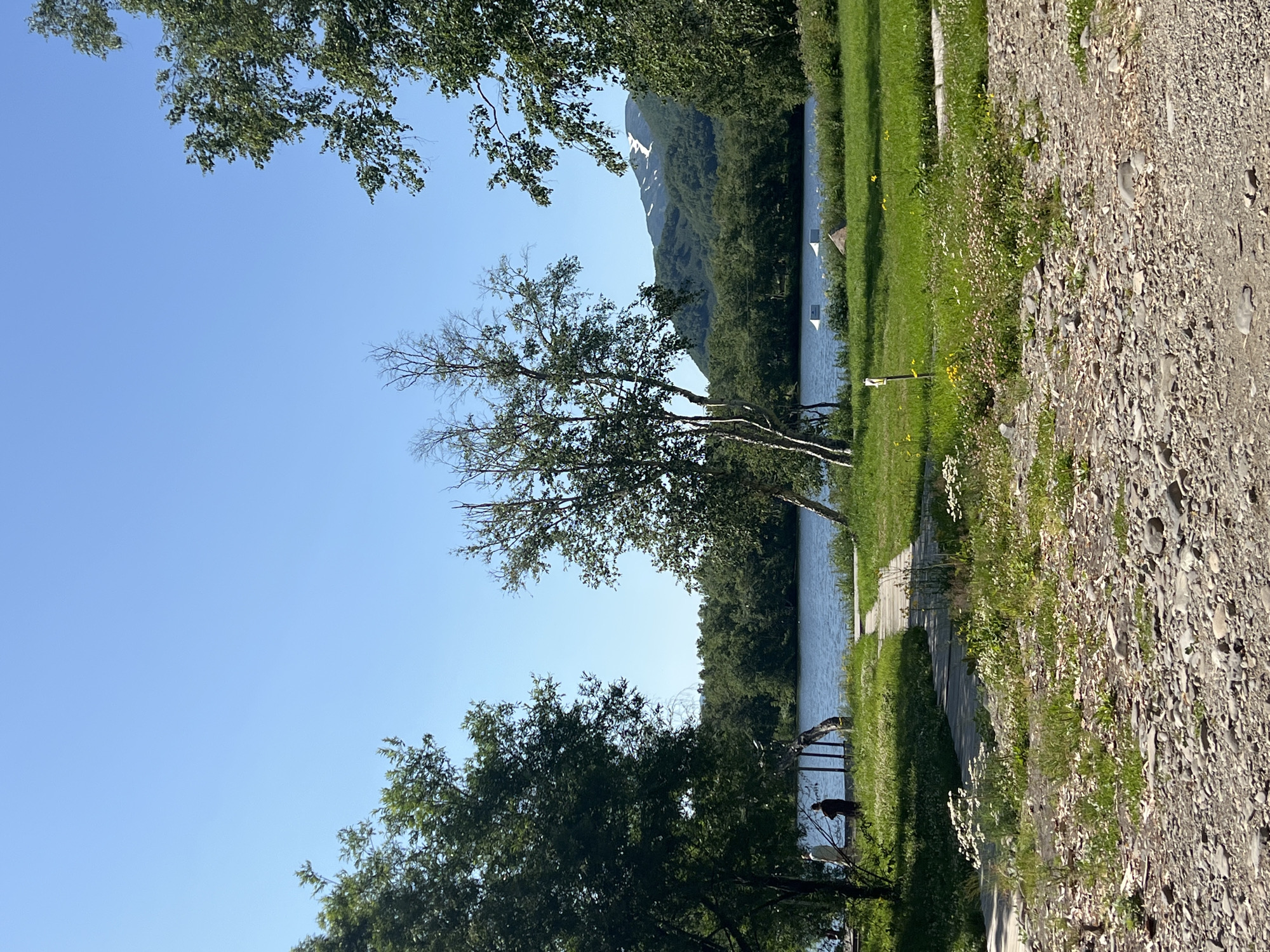 This image depicts a scenic view of a lake and surrounding landscape, likely in Paratunka, Russia, given the provided context. The foreground is a gravel path with scattered stones and small green plants. A wooden walkway extends from the right side of the image, curving towards the lake.
To the left of the walkway, a patch of grass is dotted with small white flowers and some taller green vegetation. Two individuals are visible standing near the lake's edge, one appearing to be dressed in light-colored clothing and the other in darker attire. They are positioned near a wooden structure with visible poles.
The lake itself occupies the middle ground, its surface a calm blue. Across the lake, a dense line of green trees forms a natural border, with rolling hills and mountains rising in the background. The mountains have patches of snow on their peaks, indicating a cooler climate or higher altitude. In the water, several white structures, possibly part of a water sports facility like a wakeboarding park, are visible.
The sky is a clear, bright blue, suggesting a sunny day. The overall impression is one of a tranquil natural setting with recreational elements.