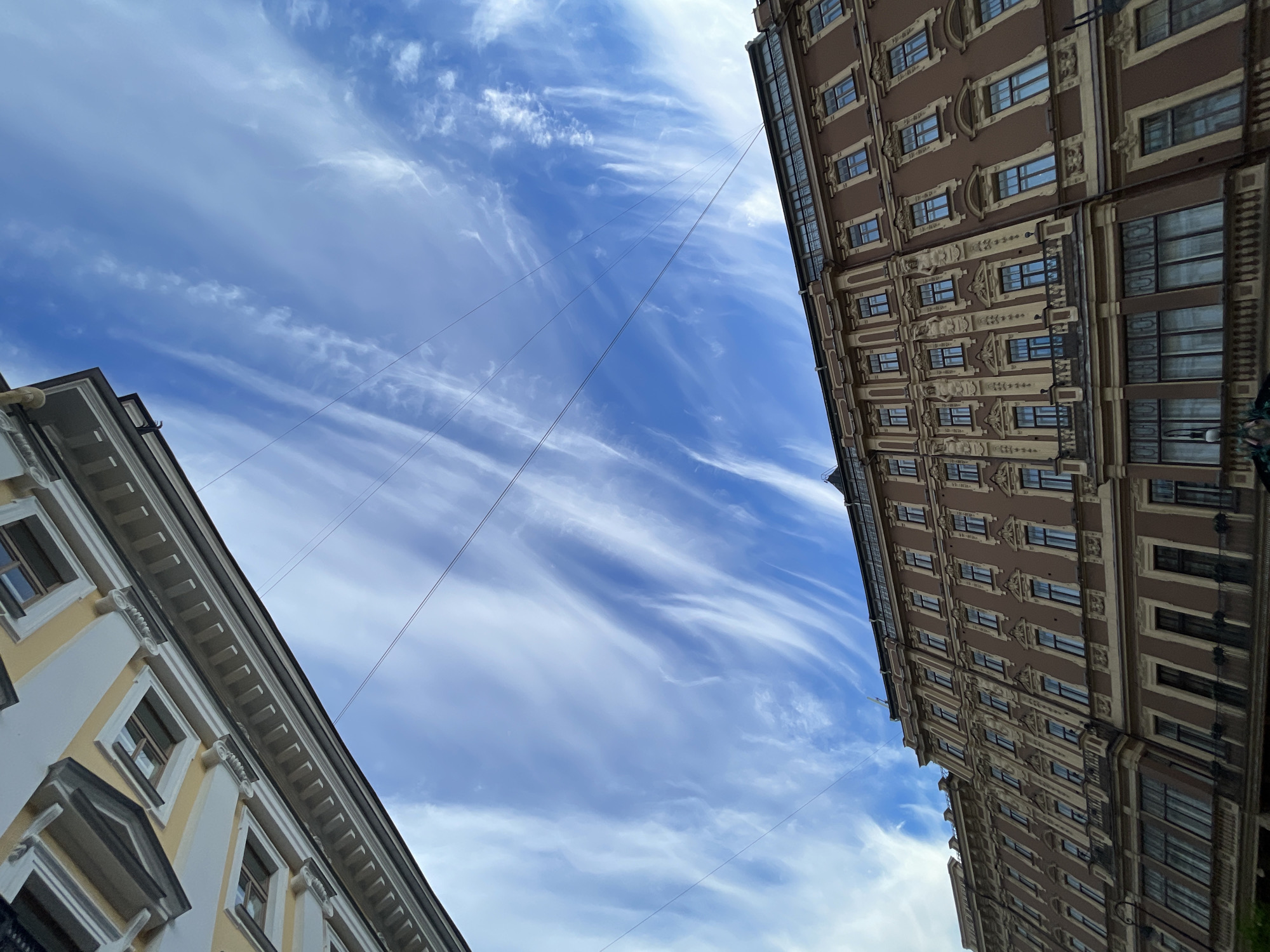 The image presents a low-angle perspective looking upwards between two distinct buildings against a bright blue sky. The scene is devoid of people or specific activity, focusing solely on the architecture and sky.
The sky is a vibrant blue, filled with delicate, elongated white clouds that appear wispy and streaky, characteristic of cirrus formations. Several thin, dark wires or cables stretch diagonally across the sky, suggesting urban infrastructure like utility lines.
On the left side of the frame, a building with a light yellow or cream-colored facade is visible. It features classical architectural details, including prominent white cornices and window frames, with multiple rectangular windows showing darker interiors. The structure appears multi-storied.
On the right, a much taller and more imposing building with a dark brown or tan facade stands. This building is richly adorned with intricate, lighter-colored architectural embellishments around its numerous rectangular windows and along its vertical and horizontal lines. Its detailed ornamentation is characteristic of historic European architecture.
The architectural styles of both buildings, particularly the ornate detailing of the right structure, are indicative of historical urban environments, aligning with the context of Saint Petersburg, Russia. The bright sky and lack of harsh shadows suggest it is daytime. No visible text is present in the image.