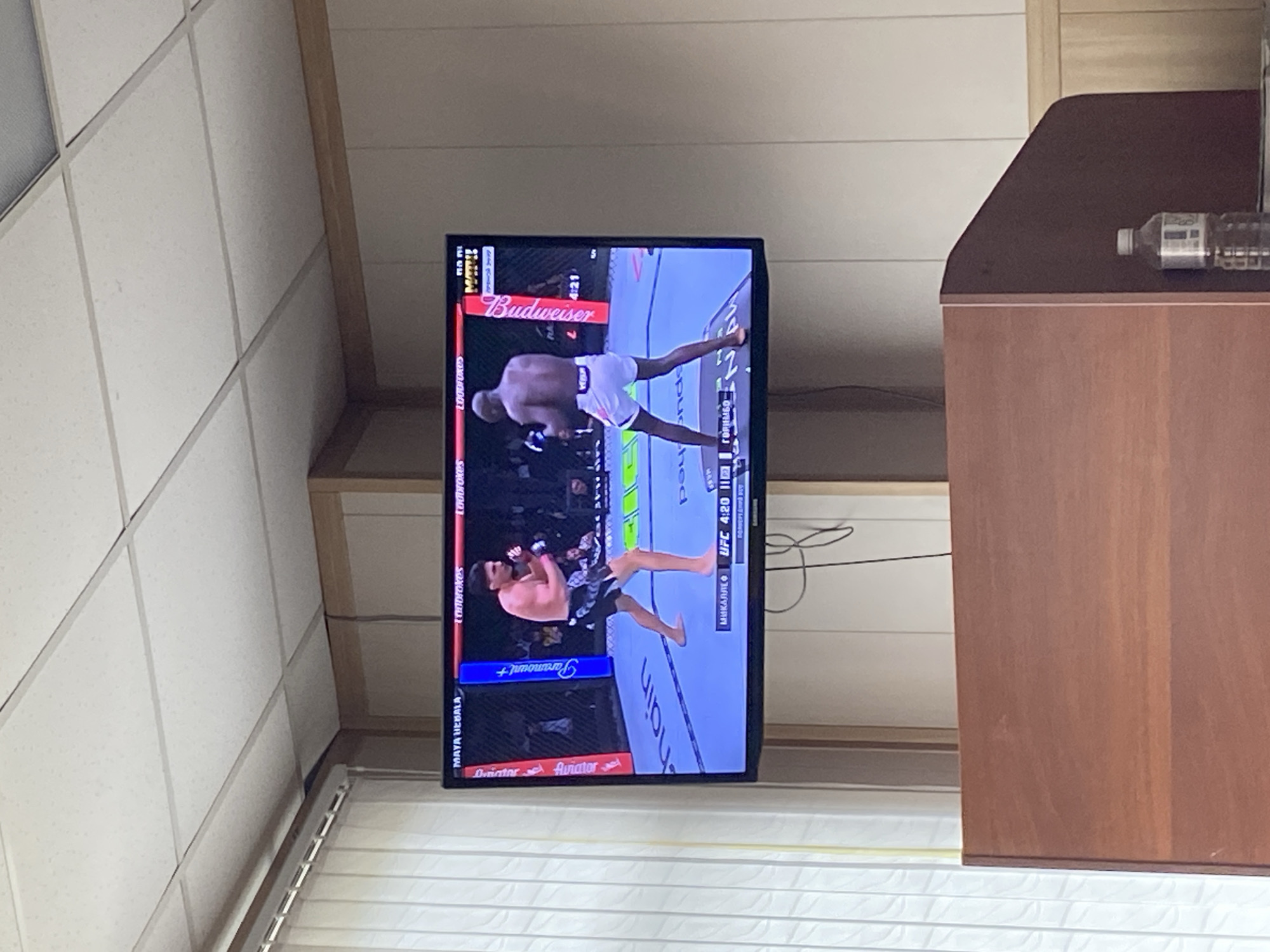 A television screen displays a UFC mixed martial arts fight. "MAYA HEBALA" is displayed on the bottom left corner of the screen. The right side of the screen reads "МИКАЛЛЕФ" and "ГОРИМБО", along with the time "UFC 4:20" and "12". A cabinet is partially visible on the right side of the image, with a water bottle on top. The background includes a wall with horizontal paneling and a ceiling with square tiles. There is no indication of the location being Sochi, Russia.