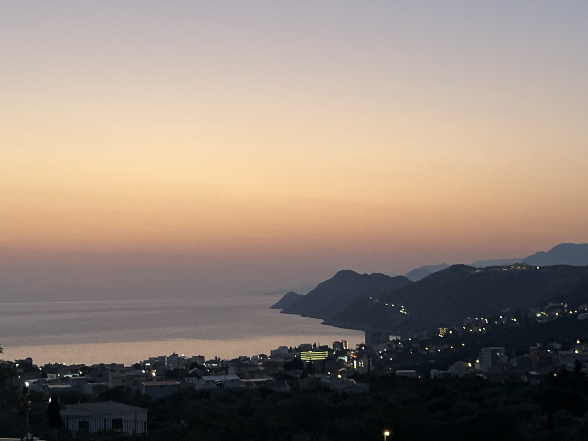 The image captures a twilight scene of the city of Pečurice, Montenegro, overlooking the Adriatic Sea. The sky displays a gradient of soft pastel colors, transitioning from a pale lavender at the top to a warm peachy orange near the horizon. The sea is calm and reflects the muted light of the sky.
In the foreground, the dark silhouette of trees and vegetation frames the view of the city. The city itself is spread across hillsides that descend towards the sea. Buildings of various sizes, many illuminated with warm lights, are visible. A few larger structures, possibly hotels or apartment complexes, stand out with distinct lighting patterns. The landscape is characterized by rolling hills and mountains that form a backdrop to the coastal settlement. The overall atmosphere is serene and picturesque, showcasing the natural beauty of the Montenegrin coast at dusk.