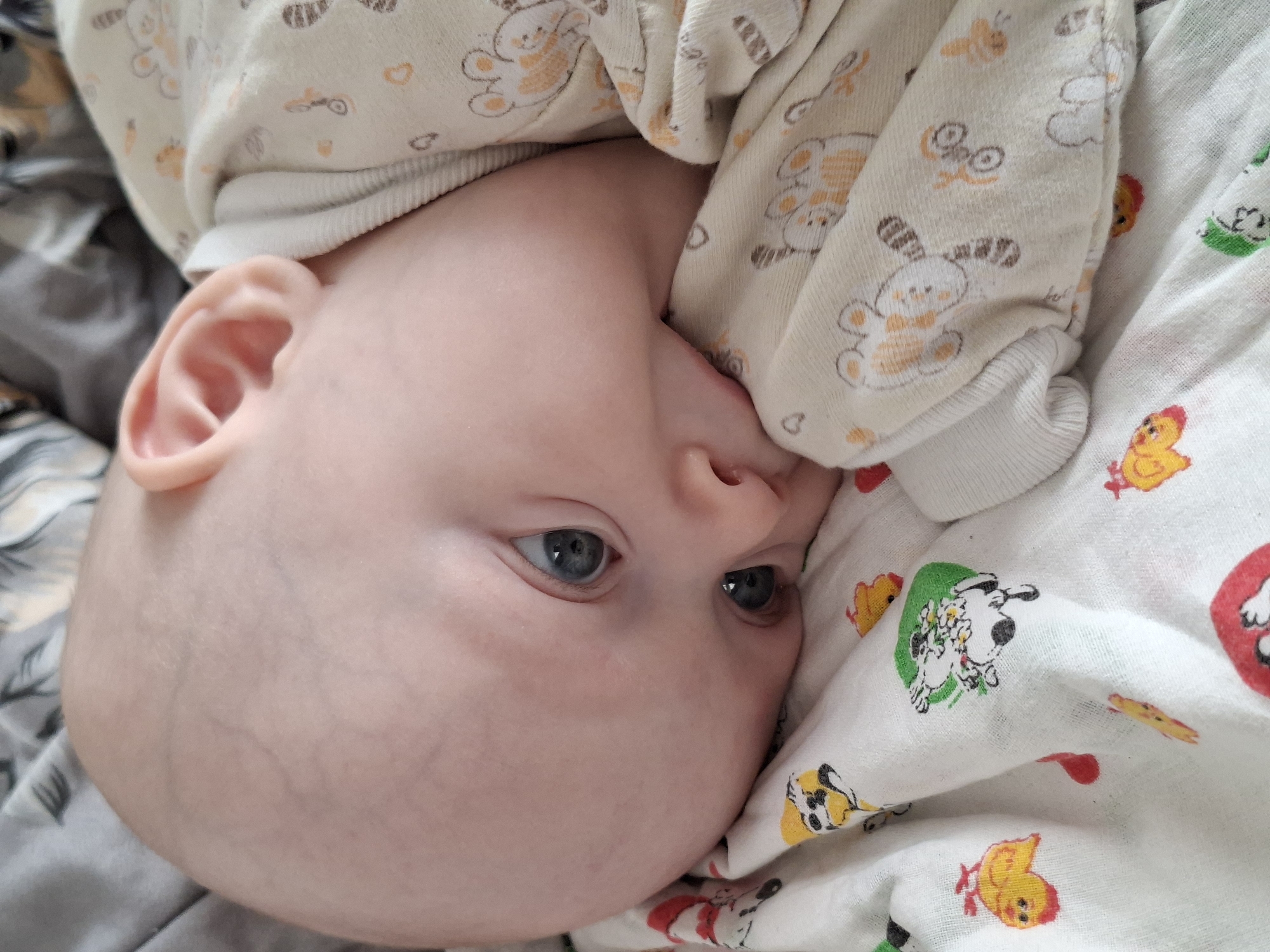 An overhead close-up shot captures a baby lying down, partially covered by soft fabrics. The baby's head is angled, showing the left side of the face. The skin is fair and smooth, with delicate, faint blue veins visible on the temple and scalp, characteristic of an infant. The baby has calm, clear blue eyes, looking slightly upwards and to the right of the frame. A small, pink ear is visible on the left side.
The baby is wearing a light cream-colored onesie or pajamas adorned with repeating patterns of orange and brown cartoon animals, including bears, bunnies, small hearts, and what appear to be bees or butterflies, and possibly tiny strollers or cars. This garment covers the baby's body and part of the head, and its ribbed cuff is visible near the neck.
Wrapped around or under the baby is a white blanket or swaddle with more colorful cartoon illustrations. These include a black and white dog (resembling Snoopy) wearing a green wreath of flowers, bright yellow chicks, and red shapes that might be additional animal figures or designs.
The baby's left arm appears to be tucked up towards the face, creating a comfortable, relaxed posture. The overall setting suggests an indoor environment, likely a bed or crib, given the soft textiles. The lighting appears natural, suggesting daytime. There is no visible text in the image. The baby's expression is neutral and peaceful.