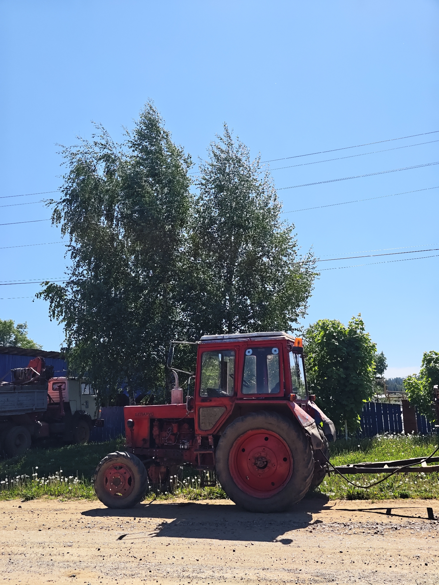 The image shows a red tractor in a rural setting, potentially in Большой Букор, Russia. The tractor is parked on a dirt road alongside a grassy area dotted with dandelions. Behind the tractor, there are trees, a blue fence, and another truck. Overhead, there are power lines against a clear blue sky.