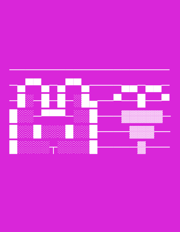 The image displays a minimalist, abstract graphic design on a vibrant pink background. It features white geometric shapes and lines arranged in a somewhat scattered, horizontal pattern. Some of the white shapes are solid rectangles, while others are filled with a dotted texture. There are also thin white horizontal lines that appear to divide or align with the shapes. The overall impression is of a digital or schematic representation, perhaps a simplified diagram or a visual representation of data. There is no discernible connection to Balakovo, Russia, nor any identifiable people, subjects, actions, interactions, or environmental elements.