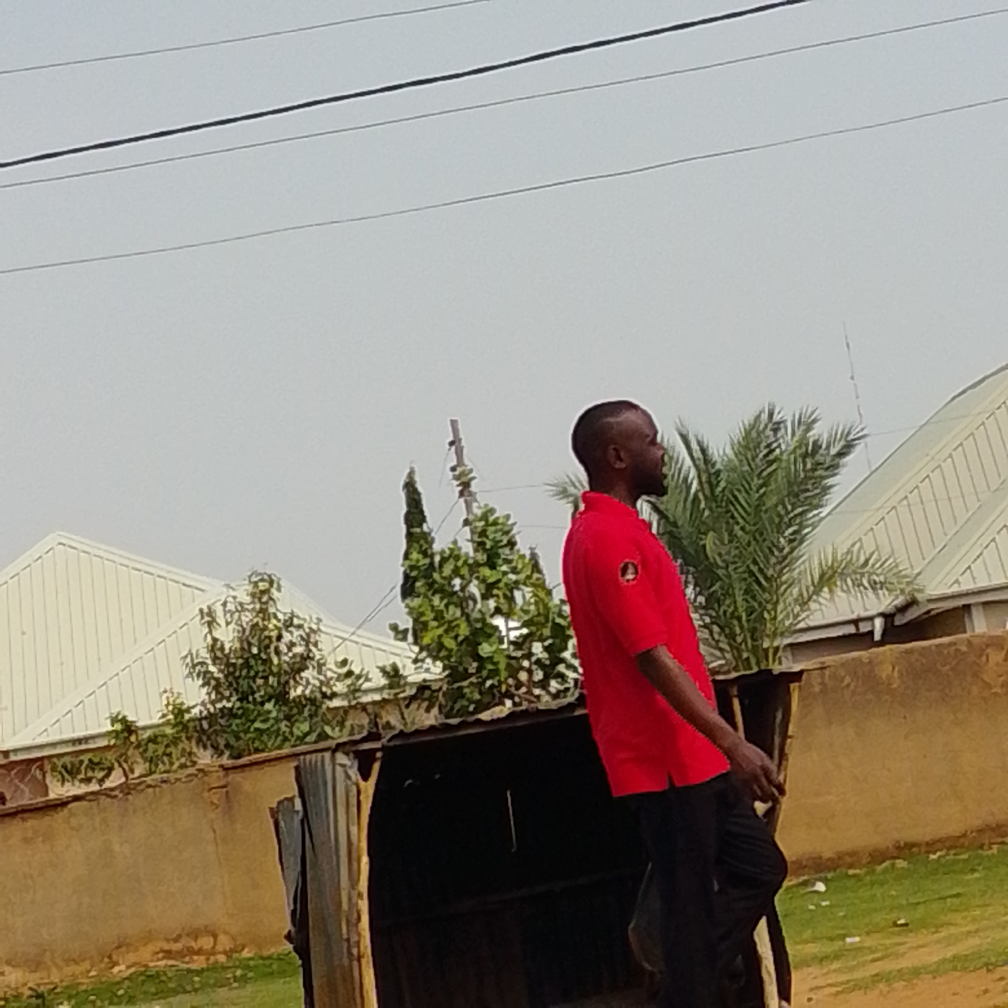 The image depicts a man wearing a red polo shirt and black pants, standing outdoors in what appears to be an urban or semi-urban environment, possibly in Gombe, Nigeria. He is facing right, looking away from the camera. In the background, there are buildings with white, sloped roofs and a beige, textured wall. Vegetation, including a palm tree and other green foliage, is visible. Overhead, power lines crisscross the sky. The overall scene is neutral and lacks any discernible conflict or interaction.