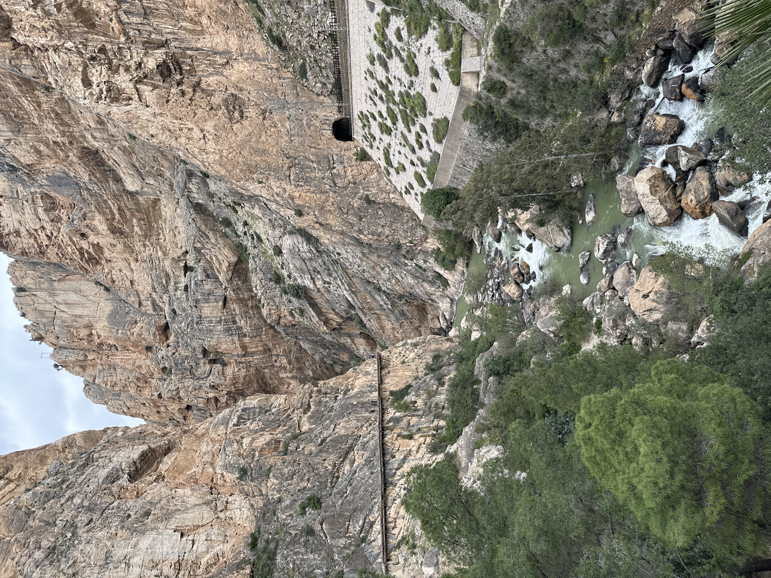 The image captures a dramatic, rugged landscape within a deep gorge, likely near Ardales, Spain. The scene is dominated by massive, vertically striated rock cliffs that rise sharply, primarily visible on the left side of the frame. These cliffs display varying shades of brown, beige, and grey, with numerous natural fissures, small ledges, and dark recesses that might be caves. Sparse green vegetation, consisting of shrubs and small trees, clings to the rock faces where possible.
On the right side, a river with a noticeable greenish tint flows dynamically over and around large, light-colored boulders, creating areas of white, turbulent rapids. The riverbanks are rocky and heavily vegetated with a mix of dense green trees and bushes.
Several man-made structures are integrated into this natural setting. Along the lower-middle section of the main cliff face, a dark, thin linear structure, resembling an old railway track or an elevated walkway, traverses the rock horizontally. Towards the upper right of the image, a robust concrete structure is visible, possibly part of a dam or hydroelectric infrastructure. This concrete wall features a dark, semicircular tunnel entrance. Above this, a lighter-colored pathway or platform is visible, bordered by a low barrier or railing.
The sky is a uniform light grey, suggesting an overcast day or soft, diffused lighting. There are no people visible in the image, nor any discernible text. The overall impression is one of majestic natural beauty combined with historical human engineering in a challenging environment.