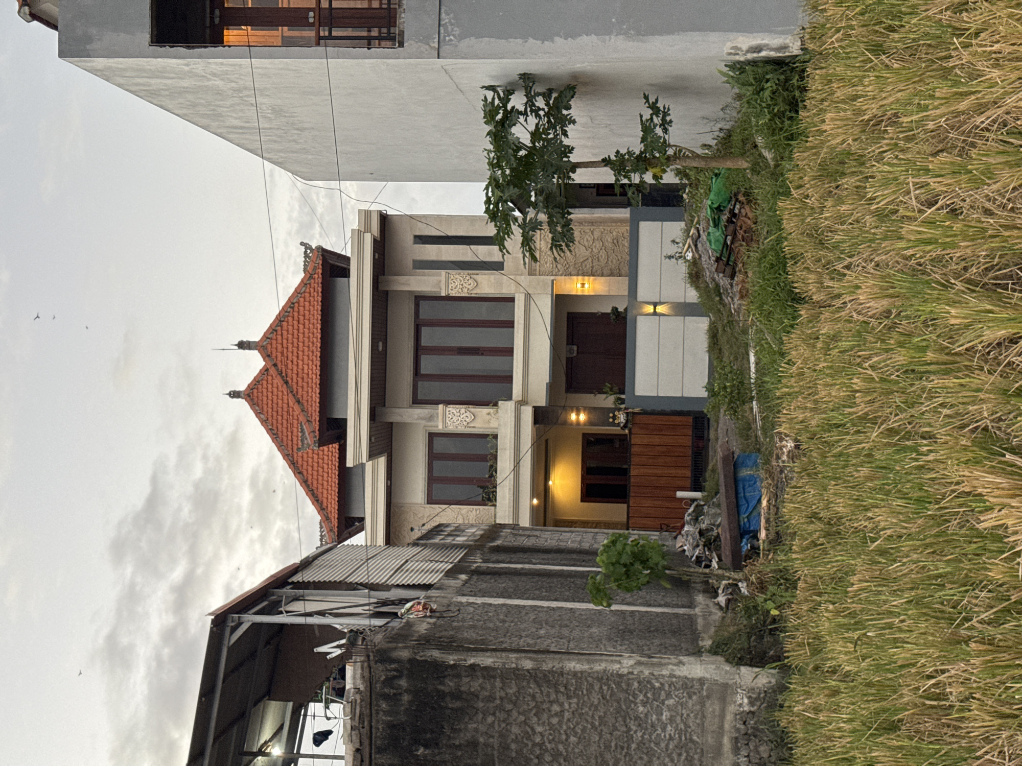 The image displays a view of a residential building in Sukawati, Indonesia, with a prominent modern architectural style. The building features multiple stories, a terracotta-tiled roof, and large windows with dark frames. Decorative elements are visible on the facade, including textured panels and carved details. Adjacent to the building, a dense patch of tall, dry grass dominates the right side of the frame, suggesting an outdoor, possibly rural or semi-rural, setting. In the foreground, the roof of another structure, possibly a house or workshop with a corrugated metal roof, is visible.
The scene appears to be captured during the late afternoon or early evening, as indicated by the soft, diffused light and the cloudy sky. The weather seems overcast. There are no people visible in the image. A few small birds are scattered in the sky in the upper left portion of the image. Small piles of debris and a blue tarp are visible near the base of the modern building, suggesting ongoing construction or recent activity. The overall impression is one of everyday life in a developing area, with a mix of traditional and contemporary architectural styles. No visible text is present in the image.