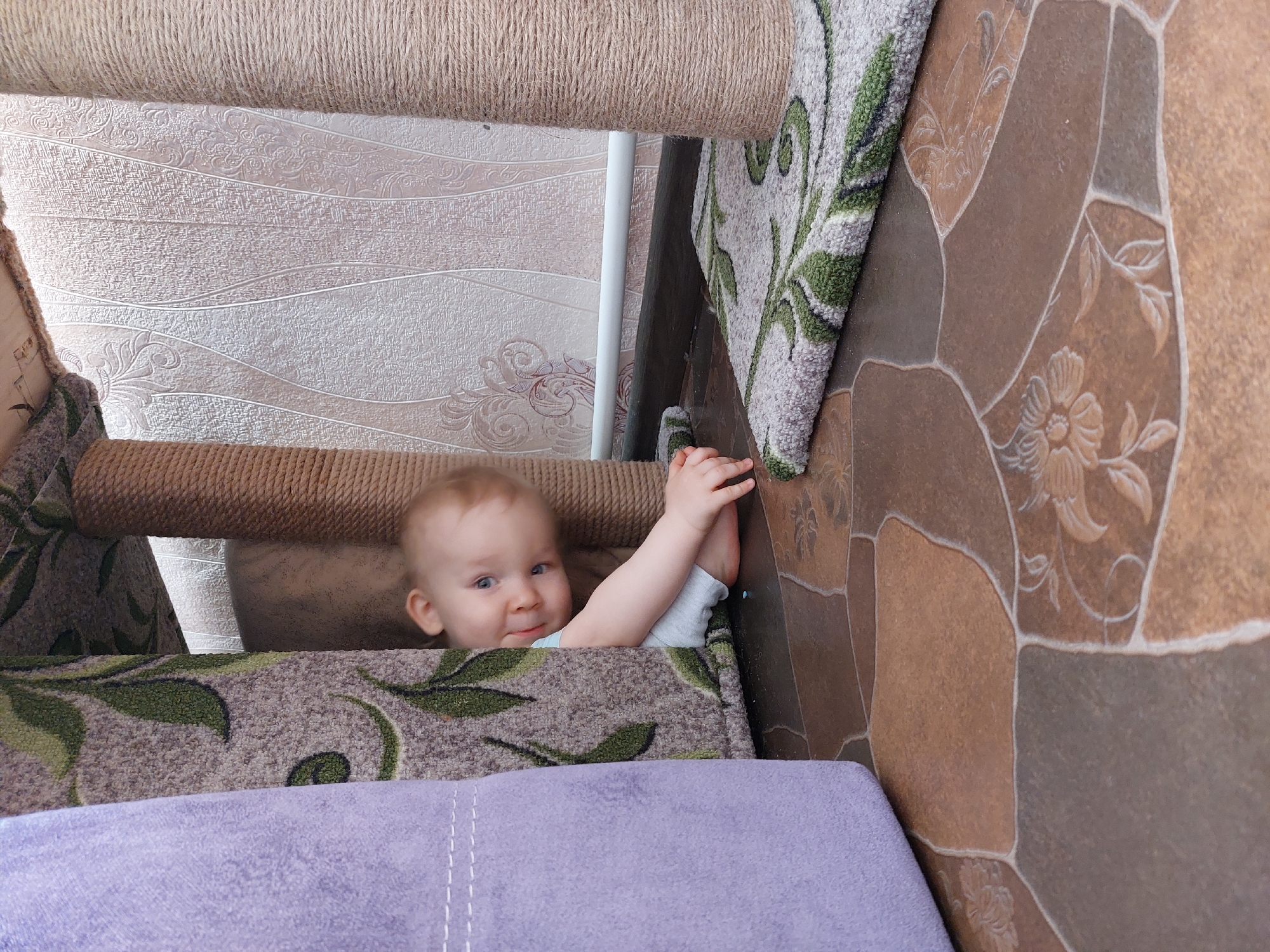 A baby is positioned inside a cat tree. The baby is holding onto the brown, patterned wall with one hand. The cat tree has different levels and textures, including beige rope, gray fabric with green leaves, and a lavender-colored pad at the bottom. The background includes patterned wallpaper and tile. The location is identified as Большой Букор, Russia.