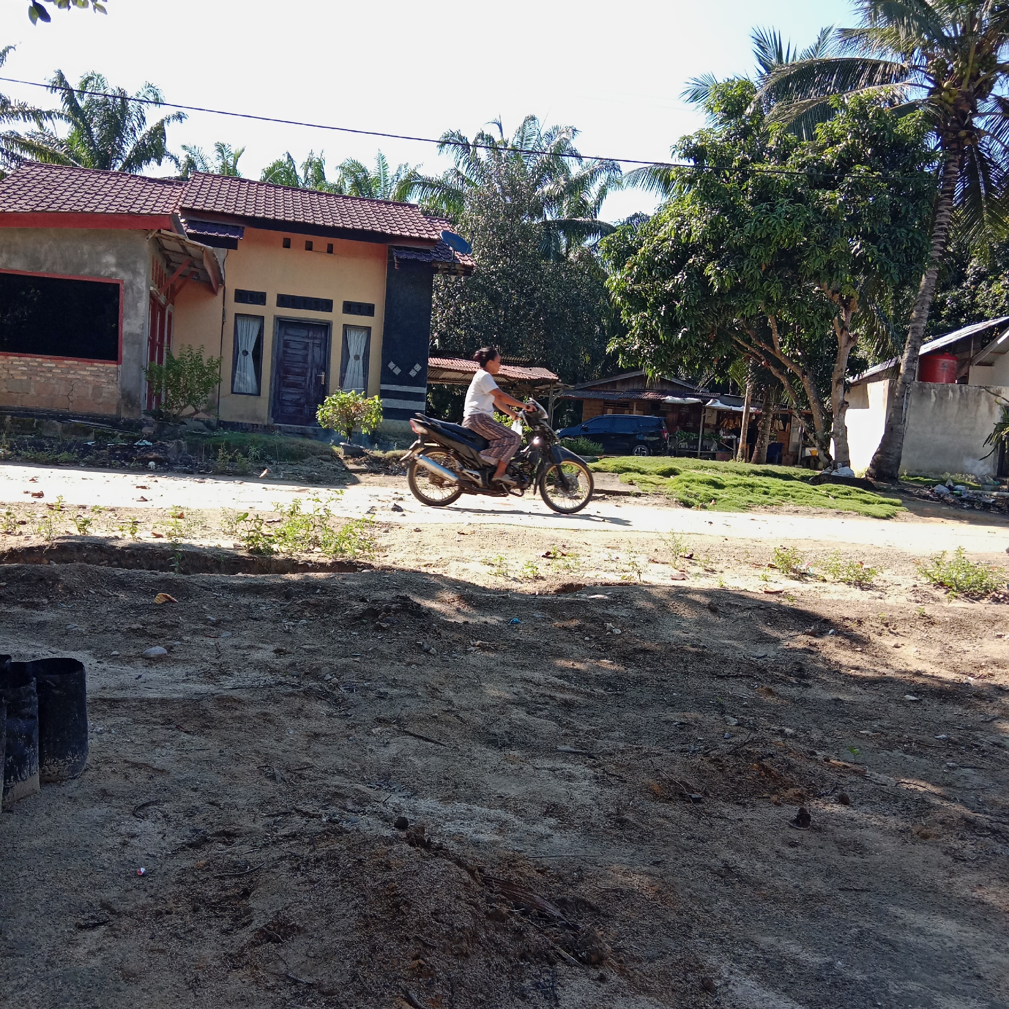 In an outdoor scene under a clear sky, a person is riding a motorcycle on a dirt road. The individual is wearing a white t-shirt and patterned pants. The motorcycle is black and appears to be in motion. The environment is rural, with houses and trees visible in the background. To the left of the road, a building with a reddish-brown tiled roof and yellow walls stands. Further back, more trees, including palm trees, are present, along with other structures that appear to be houses or sheds. The road itself is unpaved and dusty, with some sparse vegetation growing along its edges. In the foreground, the ground is covered in dirt and debris. The lighting suggests it is daytime, with shadows cast by the trees and structures.