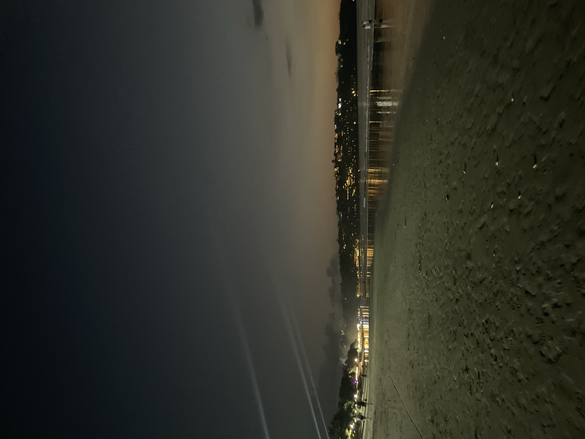 The media file is a panoramic, horizontal photograph taken at night or very late twilight, depicting a waterfront scene. The image is currently rotated 90 degrees clockwise, so it needs to be viewed horizontally to be correctly interpreted.
In the foreground, a dark, textured expanse of ground is visible, appearing to be a sandy beach or shoreline, possibly wet in areas near the water's edge. Faint, indistinct figures can be discerned walking or standing on this ground in the distance.
The midground features a calm body of water, which vividly reflects the numerous artificial lights from the distant shore, creating shimmering vertical streaks on its surface.
Across the water, in the background, a bustling cityscape or town is illuminated by countless residential and commercial lights, outlining the urban area against the dark sky. The sky itself transitions from a deep black at the top to a lighter, hazy grey-orange hue closer to the horizon, possibly indicative of light pollution or the lingering glow of sunset. Several distinct, bright beams of light cut across the dark sky from the left side of the frame, suggesting powerful spotlights or searchlights.
The overall scene conveys a serene, nocturnal ambiance. No visible text is present in the image.