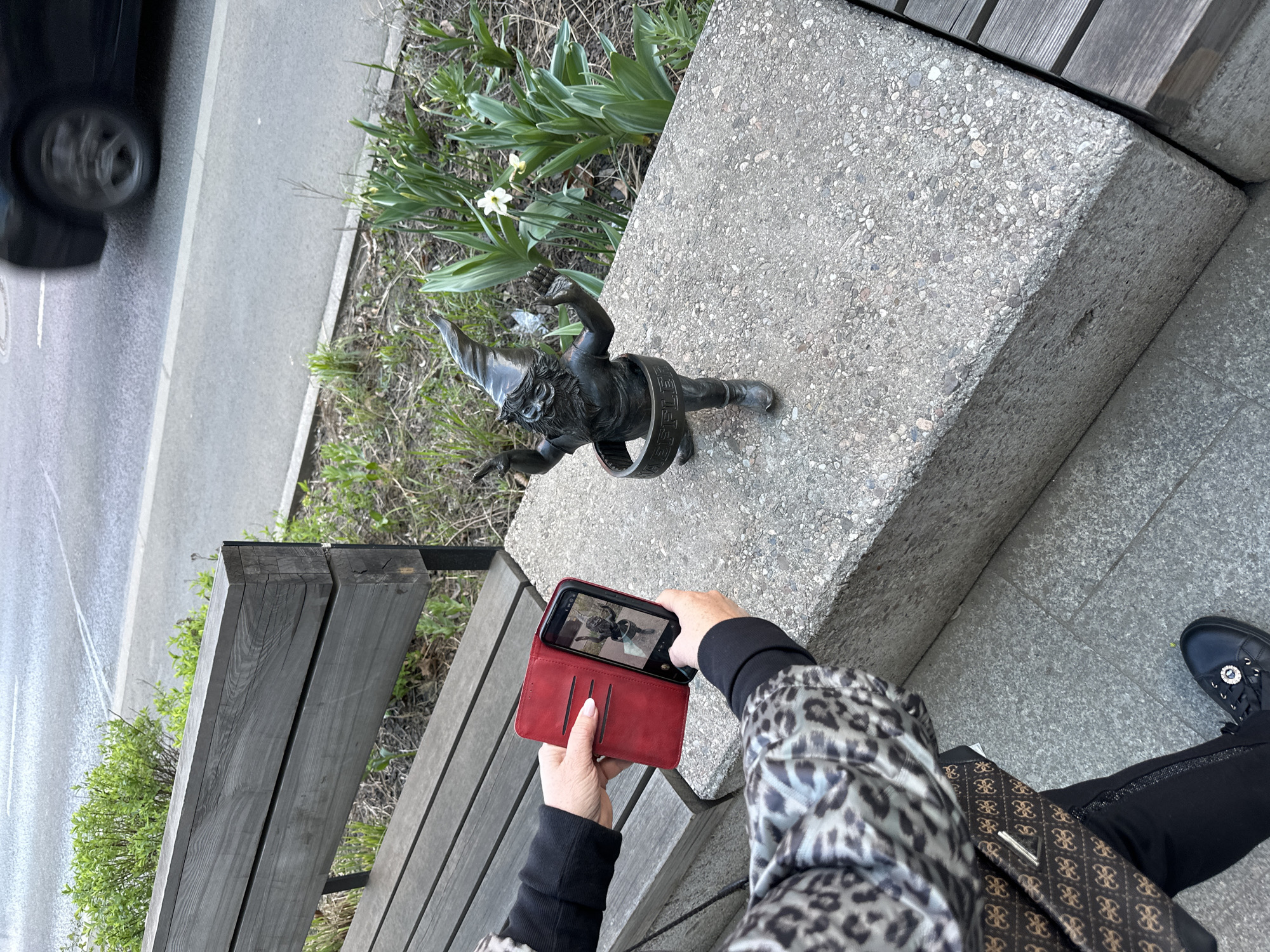 The scene depicts a person photographing a bronze dwarf statue on a concrete block in Wrocław, Poland. The person, seated on a wooden bench, holds a smartphone in a red case, capturing an image of the dwarf. The statue, with a pointed hat and an inscription around its midsection, is positioned on the block near some greenery. A blurred vehicle suggests a street nearby. The person is wearing a black top, animal print coat, black pants with zipper and jeweled detail, and one black shoe is visible. A patterned handbag rests on their lap.