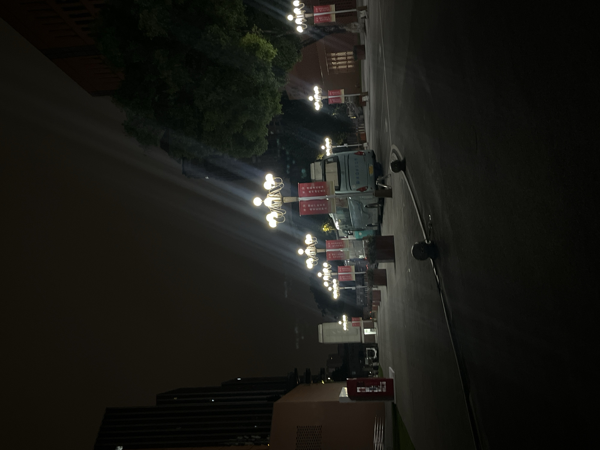 The image shows an exterior view at night on a paved walkway or road in Yuzhong District, China. The scene is illuminated by decorative lampposts, each with multiple bulbs. A light blue bus is parked on the right side of the walkway. Several red banners with Chinese characters are displayed on poles lining the walkway. Buildings, including a tall, dark-colored structure and a brick building, are visible in the background. A large tree with dark green foliage is also present. The ground is dark asphalt, with some decorative planters and bollards visible. The overall impression is of a well-lit, possibly institutional or public area at night.