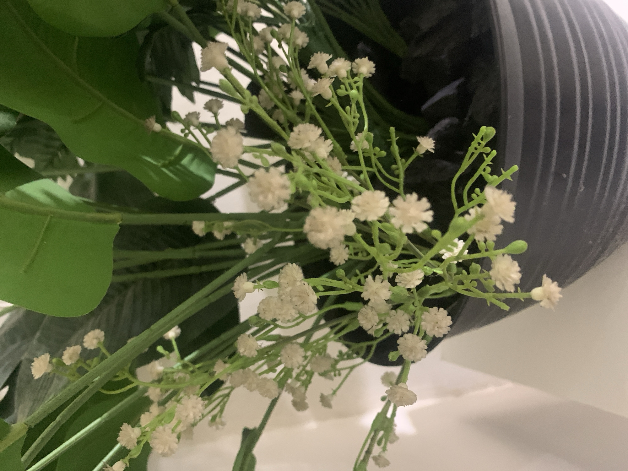A close-up, eye-level, indoor shot showcases an arrangement of artificial flowers in a dark ribbed planter. The flowers are small, white, and clustered together on thin green stems, resembling baby's breath. Large, broad green leaves are visible behind the delicate blooms, some appearing to be from a banana plant. The background is a plain white wall, brightly lit. The planter, made of dark gray material, has a textured, ribbed surface. The scene appears to be a decorative element within a room. There are no people or animals present in the image. The image does not provide any information that would suggest a specific location in Kuala Pembuang, Indonesia.