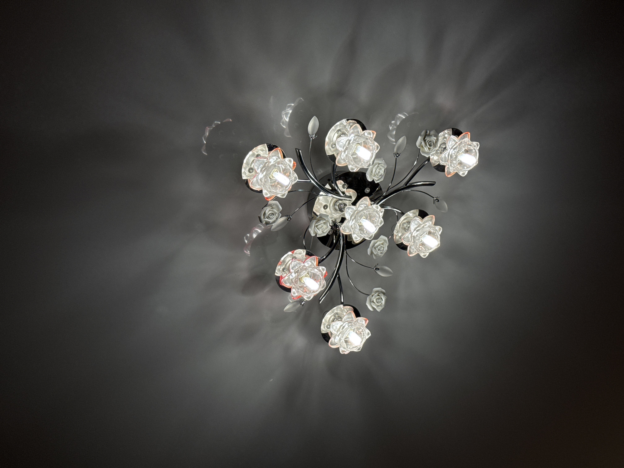 A decorative ceiling light fixture, designed to resemble a cluster of flowers, is prominently displayed against a dark gray ceiling. The fixture features multiple light sources, each enclosed within a clear, flower-shaped glass shade. These illuminated "flowers" are attached to a central, circular base by slender, branching metallic arms, which appear to be made of polished chrome or similar material. Smaller, opaque white rose-shaped decorations and clear, frosted leaf-like elements are also integrated into the floral design.
The light fixture is actively illuminated, casting bright, white light and creating intricate, swirling patterns of light and shadow across the surrounding dark gray ceiling. These radial patterns suggest the light is refracting through the textured clear glass of the flower shades. Subtle reddish-orange hues are visible within some of the clear flower shades, likely reflections or internal components. The ceiling itself is a uniform, dark gray, providing a stark contrast to the bright and ornate fixture. The image is captured from a low angle, looking directly upwards. There is no visible text in the image. The setting appears to be an interior space, likely at a time of day when artificial lighting is required.