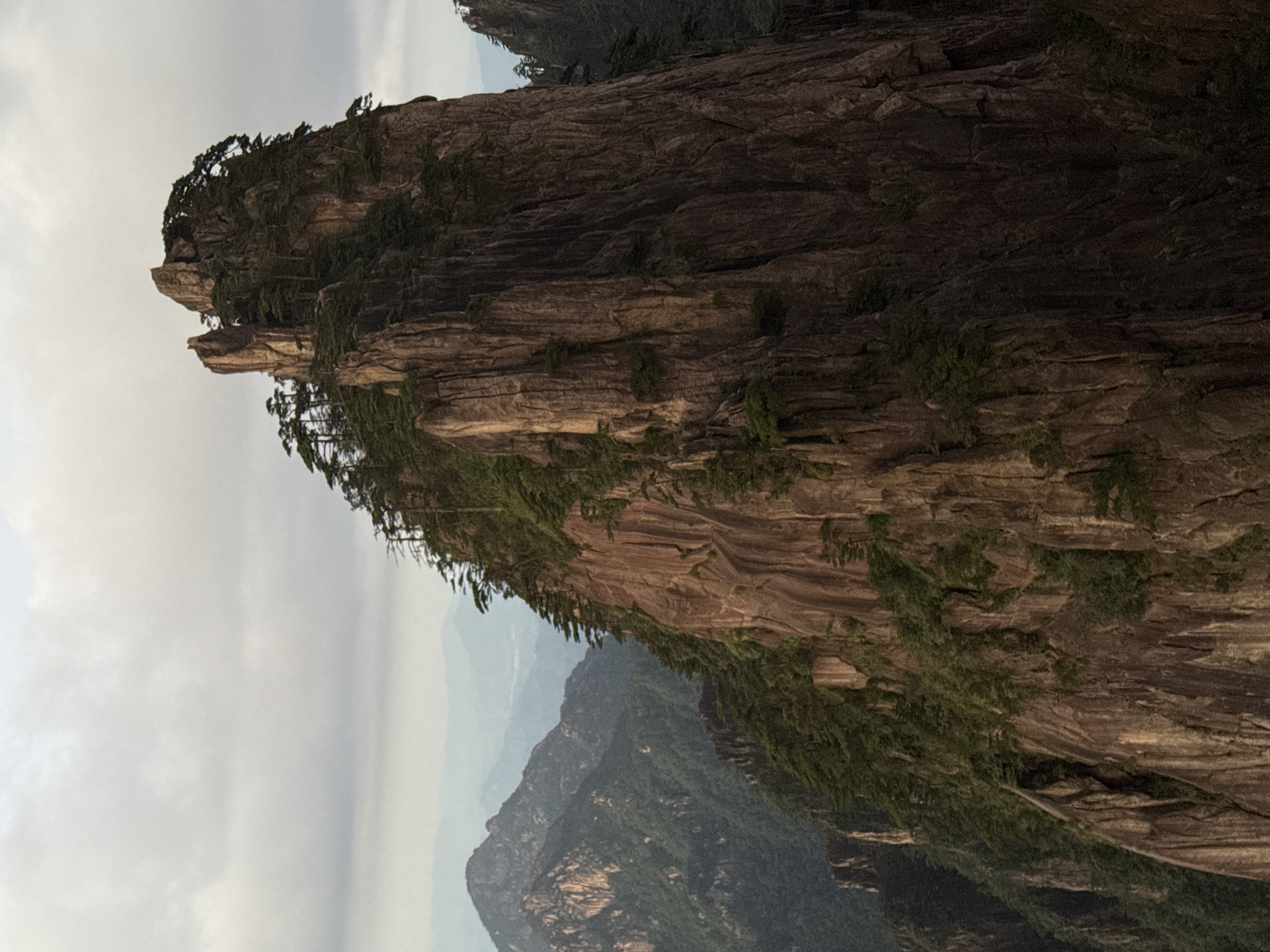 The image captures a dramatic mountain landscape in Huangshan District, China. The foreground is dominated by a massive, sheer rock formation, its surface deeply striated and weathered, with patches of dark green pine trees clinging tenaciously to its upper ridges and scattered across its face. The peak of this central mountain is jagged and crowned with more trees, appearing almost like a fortress.
To the left, a series of smaller, verdant mountains recede into the distance, their slopes covered in dense forest. These mountains have a softer, more rounded appearance compared to the sharp, angular central peak. In the far distance, the haze of a hazy sky partially obscures even more distant mountain ranges, creating a layered effect of depth.
The sky itself is overcast with soft, diffused light, contributing to the muted colors of the landscape. The overall impression is one of rugged, natural beauty, highlighting the imposing scale and texture of the mountains. No people or man-made objects are visible in the scene.