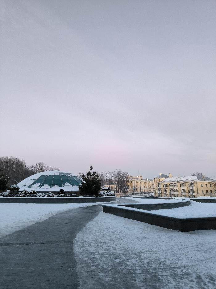 The image displays a tranquil winter landscape in Vinnytsia, Ukraine, devoid of people or discernible activity. The scene is dominated by snow and ice, covering the ground, structures, and vegetation, indicating cold weather conditions.
In the foreground and midground, a wide paved path curves from the lower left towards the right, appearing partially cleared of snow, revealing a darker, possibly icy, surface. To the left of the path, a distinctive modern glass dome structure, possibly a pavilion or a skylight for an underground space, stands partially covered in snow on its segmented roof. Surrounding the dome are snow-dusted evergreen shrubs and bare trees, characteristic of winter.
In the background, beyond the dome and trees, a collection of multi-story buildings with light-colored facades and snow-covered roofs line a street or urban area. Their architectural style suggests a European urban setting.
The sky is a soft, pale gray, indicating an overcast day. A subtle pinkish hue is visible low on the horizon, suggesting either early morning sunrise or late afternoon sunset. The lighting is diffused and gentle. No text is visible in the image. The overall impression is one of stillness, peacefulness, and the quiet beauty of a snowy urban environment.