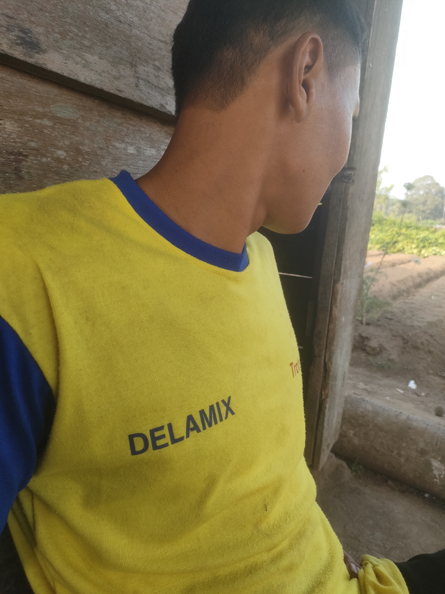 In the city of Padang Dalom, Indonesia, a young person is pictured from the chest up, looking to the right, with their back slightly to the camera. They are wearing a yellow t-shirt with blue trim at the collar and blue sleeves. The text "DELAMIX" is printed in dark grey on the front of the t-shirt. The background consists of a rustic wooden structure, partially obscuring a view of an outdoor agricultural area with tilled soil and some greenery. The lighting suggests it is daytime, possibly late afternoon due to the angle of the light.