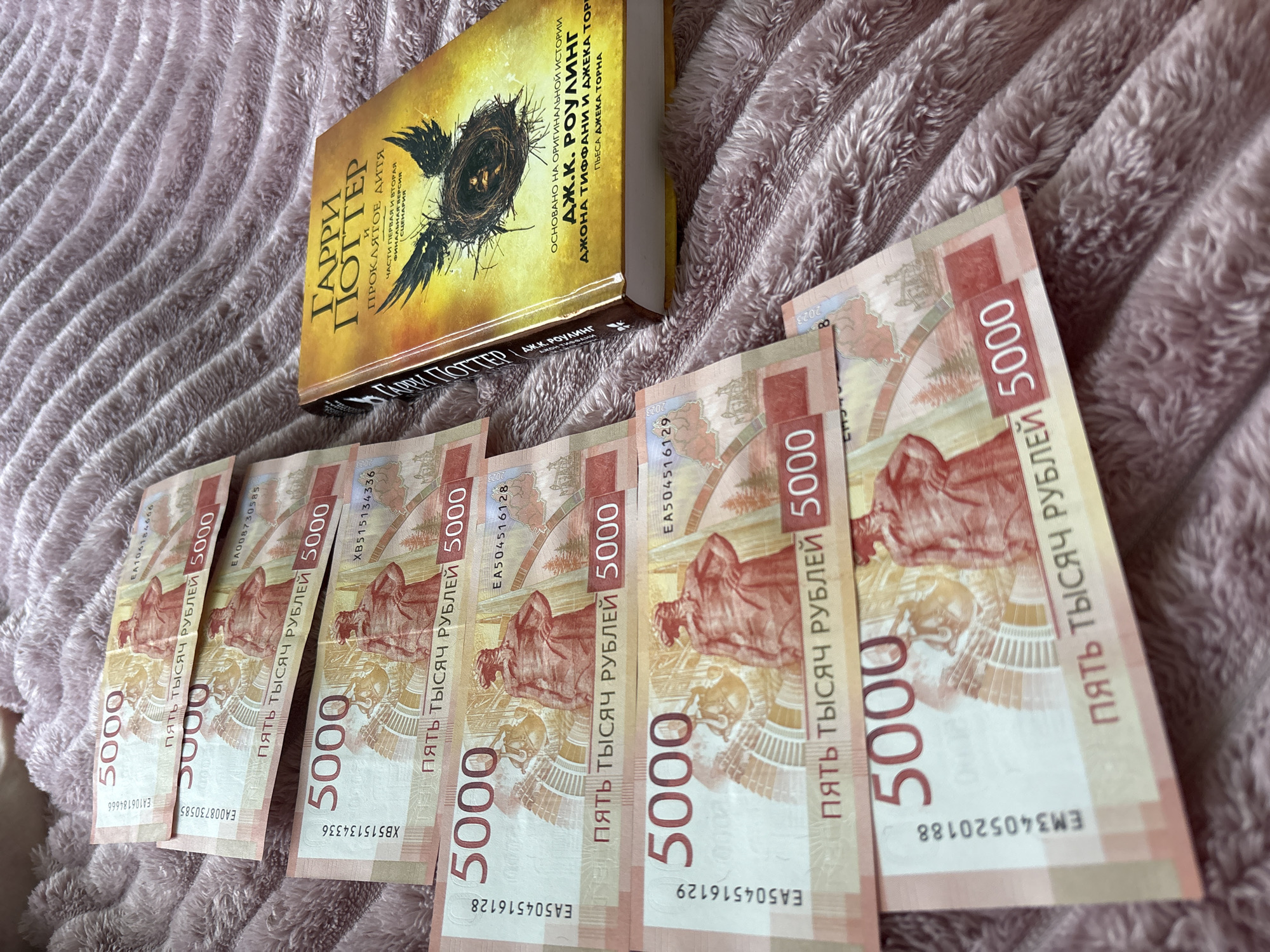 This media file features a book and several banknotes laid out on a textured, plush, pink surface, likely a blanket. The book, positioned at the top right, is open to its side, revealing its cover. The cover depicts a dark, stylized bird's nest with a bird inside, set against a bright yellow background. Text in Russian is visible on the cover, including "ГАРРИ ПОТТЕР" (Harry Potter) and "ПРОКЛЯТОЕ ДИТЯ" (The Cursed Child). Below this, further text indicates the author "ДЖ.К. РОУЛИНГ" (J.K. Rowling) and details about the story's origin and adaptation.
Arranged in a fan-like pattern below the book are multiple banknotes, all appearing to be 5000 ruble notes. They are laid out diagonally across the frame. The banknotes feature imagery of prominent historical figures and architectural elements. Text on the banknotes is also in Russian, prominently displaying "ПЯТЬ ТЫСЯЧ РУБЛЕЙ" (Five Thousand Rubles) and the numeral "5000". Serial numbers and dates, such as "2023", are also visible on the currency.
The overall scene is likely indoors, given the soft lighting and the presence of a blanket. There is no indication of a specific time of day or weather. The arrangement of the book and money suggests a personal collection or a display related to literary or financial interests. The textures of the blanket and the slight sheen on the banknotes are noticeable details.
