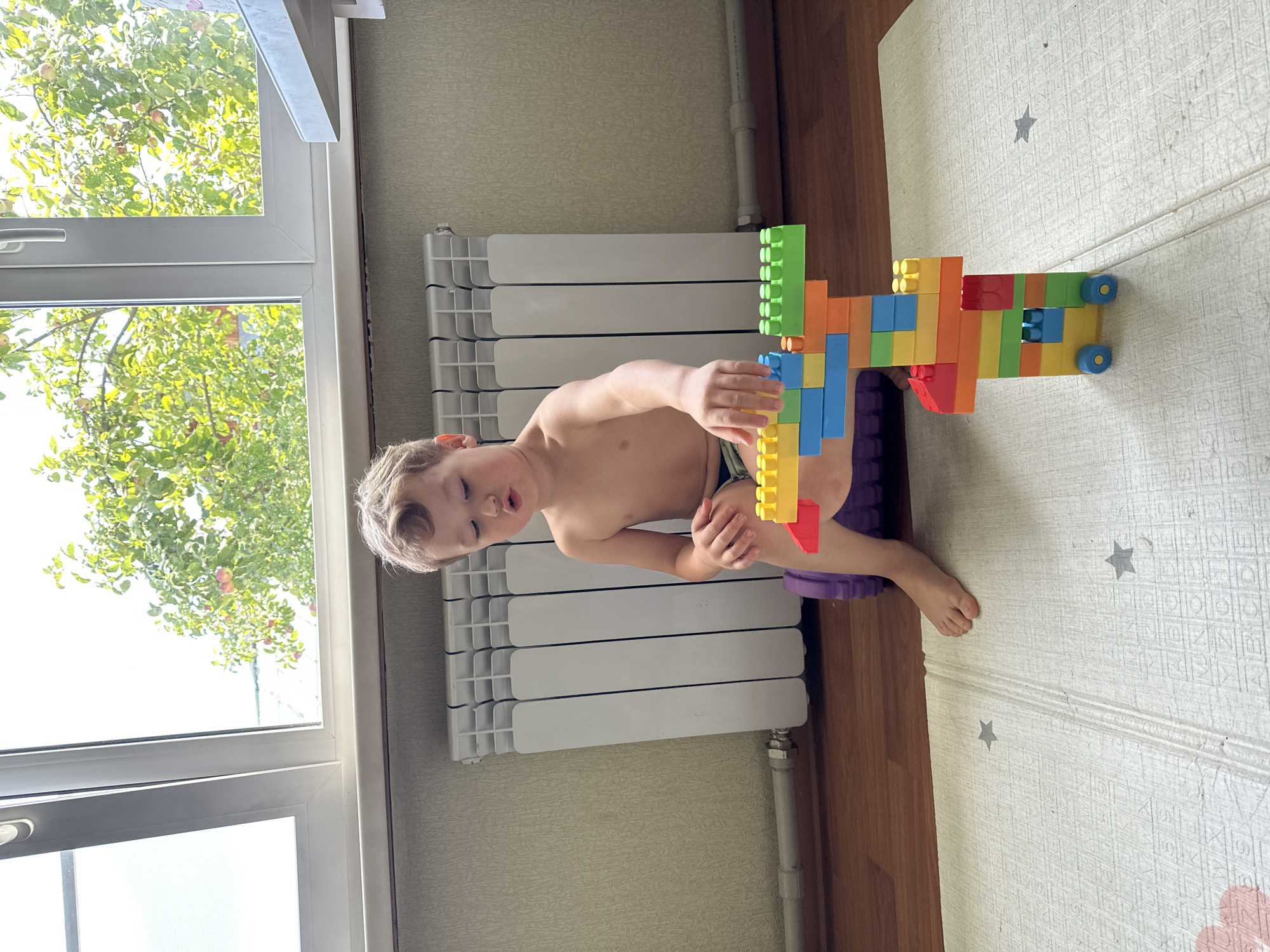 A young Caucasian boy, appearing to be between 3 and 4 years old, sits shirtless on a purple foam roller. He is positioned on a light-colored foam play mat with a subtle pattern of letters and numbers, and a few small grey stars. His gaze is directed downwards towards a colorful building block structure he is assembling. The structure is composed of various interlocking plastic blocks in shades of red, orange, yellow, blue, and green, resembling a toy vehicle. The boy's right hand is in contact with the structure, suggesting he is actively engaged in building.
Behind the boy, a white radiator with vertical fins is mounted on a textured, light beige wall. A thin grey pipe runs horizontally below the radiator. The floor is made of polished wood.
In the background, a large window with white frames offers a view of lush green foliage and what appear to be apples on tree branches, indicating an outdoor environment. Sunlight streams through the window, illuminating the scene. The overall setting suggests an indoor play area in a residential space, likely a living room or a child's bedroom.
There is no identifiable signage or landmarks to pinpoint the exact location within Nizhny Novgorod, Russia, beyond the general impression of a residential setting.