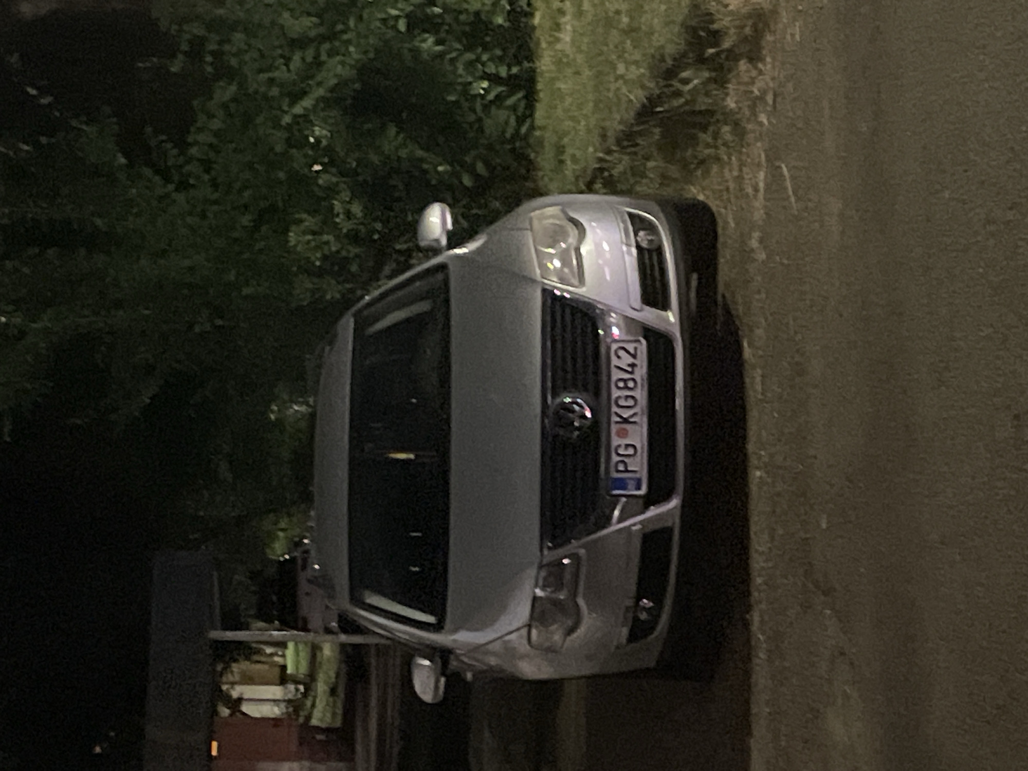 A silver Volkswagen Passat is parked at night on a paved surface in Podgorica, Montenegro. The car has a license plate reading "PG KG842". The vehicle is facing the viewer, with its headlights illuminated. Behind the car, there are trees and foliage, and to the right, a grassy area bordered by a curb. A covered structure is visible to the left of the car. The scene is dimly lit, suggesting it is nighttime.