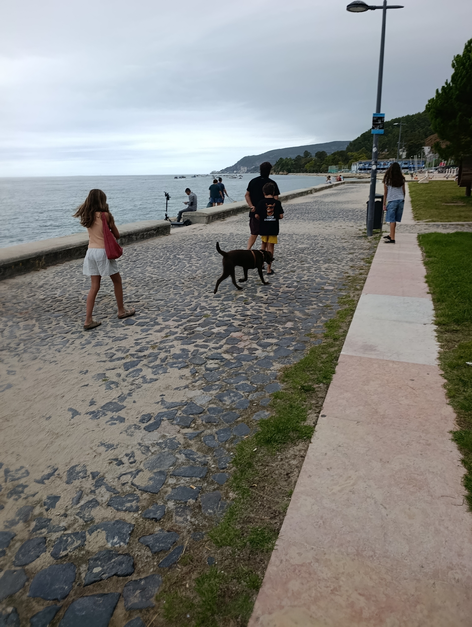 The image depicts a seaside promenade in Setúbal, Portugal, likely along the Avenida Luísa Todi or a similar waterfront area. The sky is overcast, and the sea is calm with a visible horizon.
In the foreground, a young girl with long, brown hair is walking away from the camera, wearing a peach-colored sleeveless top and light-colored shorts. She has a red bag slung over her shoulder and is wearing sandals. To her right, a dark-colored dog is walking ahead of her, also facing away from the camera.
Further down the promenade, a man and a young boy are walking together. The man is wearing a black t-shirt and shorts, and the boy is wearing a black t-shirt with a graphic on the back and yellow shorts. They are walking towards the right of the frame.
To the right of the man and boy, another individual, a young woman, is walking away from the camera towards the right. She has dark hair and is wearing a striped t-shirt and denim shorts.
The promenade itself is paved with cobblestones, with a sandy area bordering the sea wall on the left and a grassy area on the right. A light pole with a trash bin is positioned near the center of the frame. In the background, there are more people on the promenade and on a beach area to the far right, as well as trees and hills characteristic of the Setúbal landscape. Small boats are visible on the water. The overall impression is of a leisurely day at the seaside.
