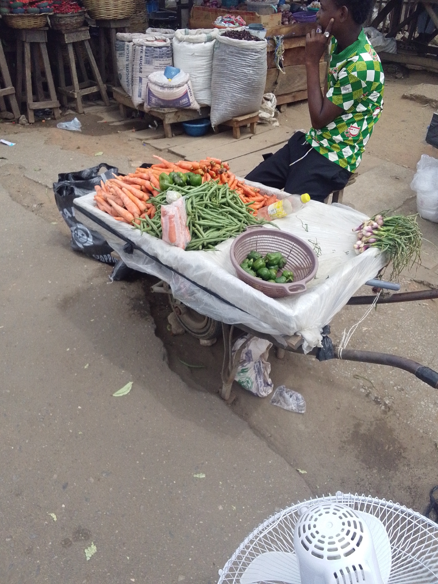 A man sits on a stool next to a cart filled with vegetables on a street in Lokoja, Nigeria. The cart, covered in white plastic, displays carrots, green peppers, green beans, limes in a purple basket, and scallions. A white fan is partially visible at the bottom of the frame. In the background, there are sacks of sugar and other goods. Wooden stools are present near the sugar sacks. The ground is paved and shows signs of moisture.