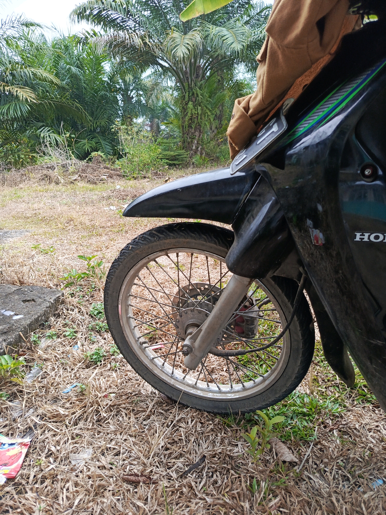 This is a medium shot, eye-level, outdoor photograph of a black motorcycle parked on a grassy and dry, leaf-strewn ground in what appears to be a rural area. The motorcycle's front wheel, with its silver spokes and black tire, is prominently featured on the left side of the frame. The front fender and part of the motorcycle's body are visible, with green and blue accents and the "HONDA" logo on the right side. A brown garment, possibly a jacket, is draped over the motorcycle's handlebars. The background consists of dense palm trees and other greenery, suggesting a tropical environment. The ground is covered with dry grass, fallen leaves, and some scattered litter, including a torn piece of colorful packaging on the lower left. The image was taken in the city of Wonosari, Indonesia.