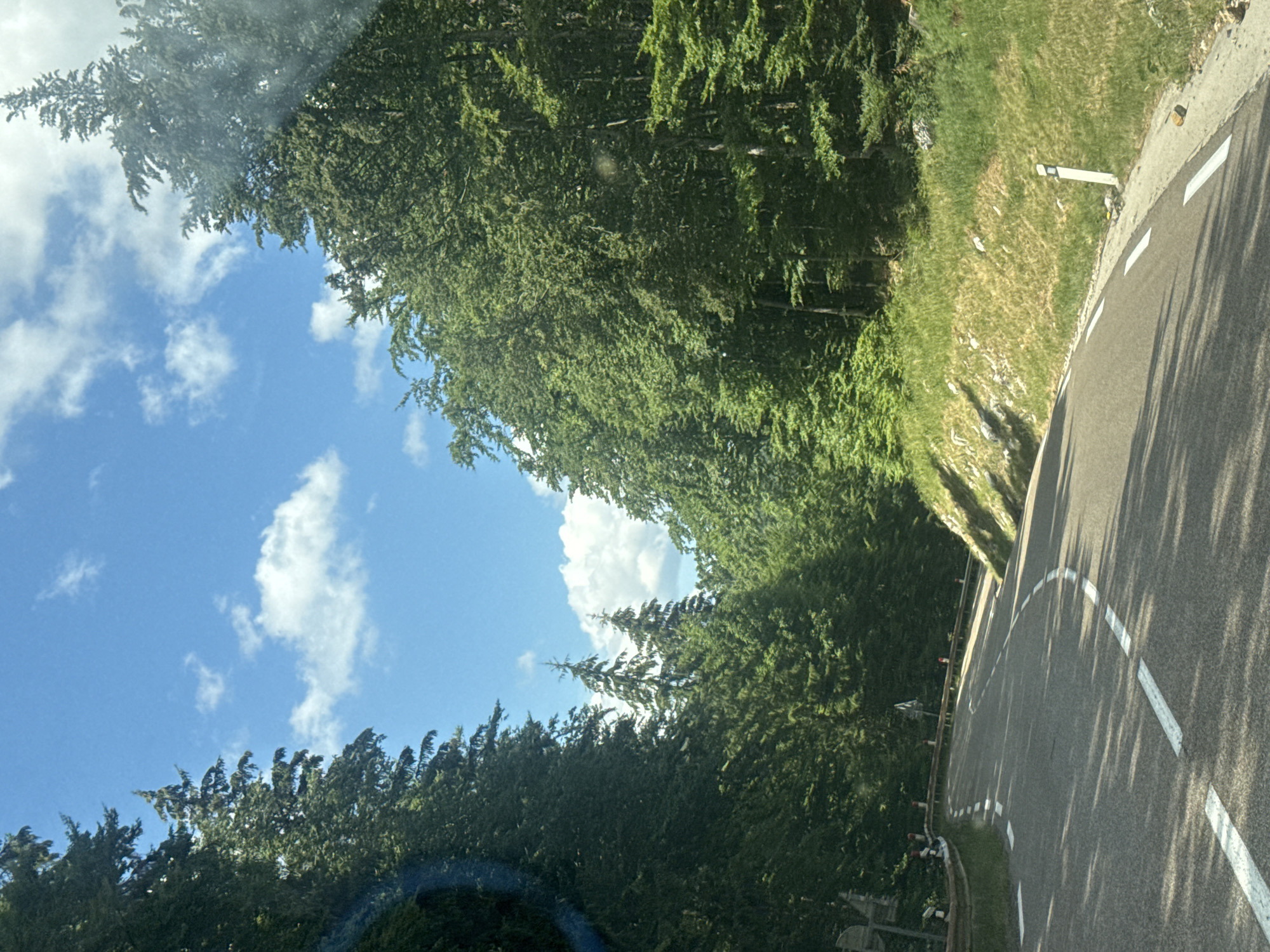 The image depicts a winding asphalt road bordered by lush green trees on both sides. The road has white dashed lines indicating lanes. The sky is blue with scattered white clouds. The environment appears to be a mountainous or hilly region, suggesting a scenic route. There are no visible people in the image. The time of day appears to be daytime, indicated by the bright sunlight casting shadows on the road. The scene is set in Longchaumois, France.