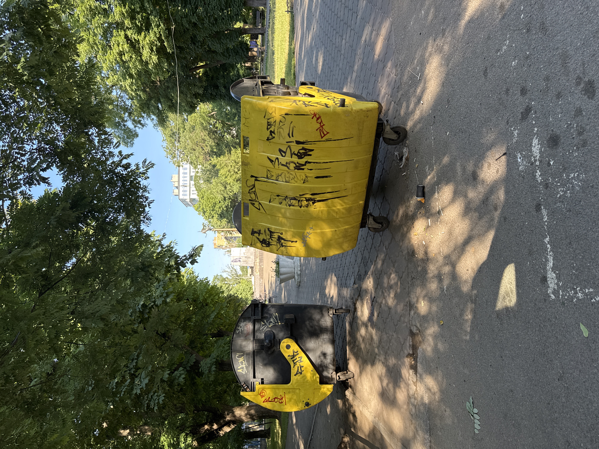The image depicts two large wheeled trash bins, one black with yellow accents and the other entirely yellow, both covered in graffiti. They are situated on a paved pathway bordered by trees and grass. In the background, a multi-story building is visible, suggesting an urban setting. The scene appears to be outdoors on a sunny day, with shadows cast by the trees on the pathway. The overall impression is one of a park or public space in a city. The graffiti on the bins is applied in black and red paint, with various tags and markings covering their surfaces. The bins are positioned next to each other, with the yellow bin closer to the foreground and angled towards the viewer. The pathway is made of interlocking pavers. The foliage of the surrounding trees is lush and green, indicating a warm season. The sky is clear and blue. The image is taken from a low to medium angle, looking slightly upwards towards the trees and building.