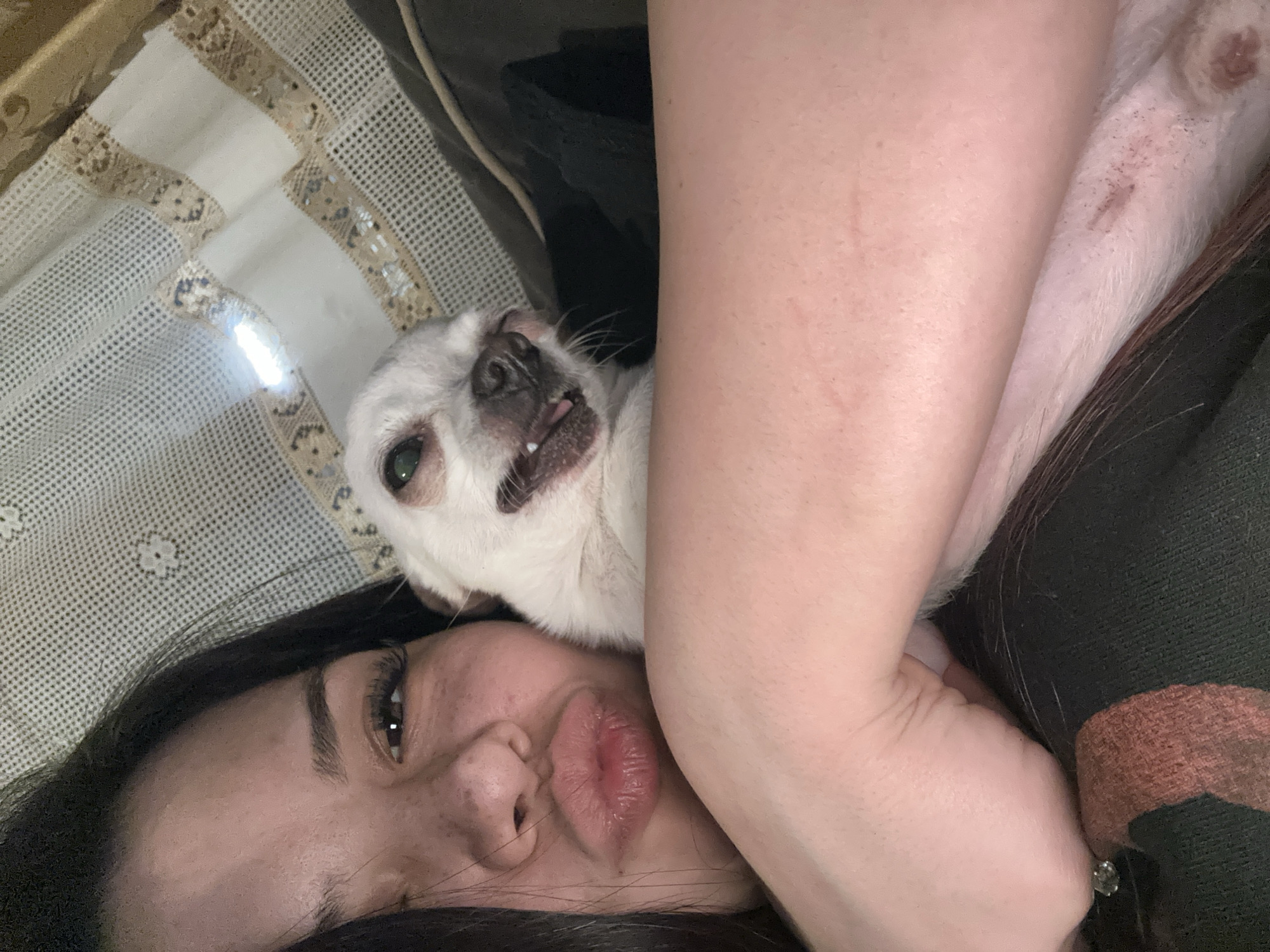 A photograph shows a woman and a small, white dog lying down. The woman has dark hair and is facing the camera with pursed lips. The dog is positioned next to her face with its mouth open and teeth visible. The background includes a patterned blanket or tablecloth. The location is unknown.