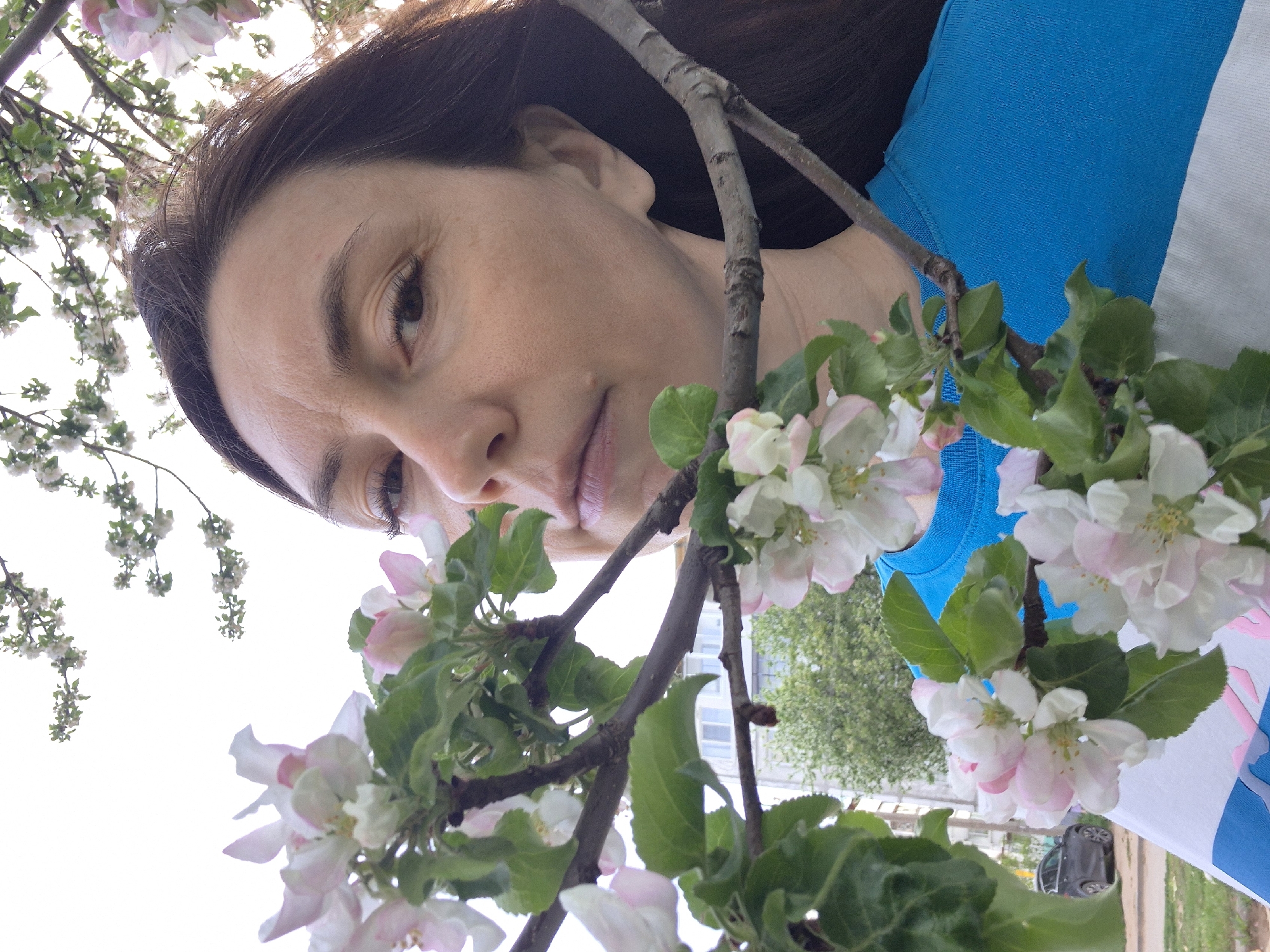A woman with dark hair is posing with the blossoms of a tree in what appears to be an urban environment. She is wearing a bright blue top with a white stripe. The tree branches frame her face and are adorned with white and pink blossoms. The perspective is from below, looking upwards, with a bright sky in the background. Part of a building and a dark-colored vehicle are also visible through the branches. The location is Unknown, Unknown.