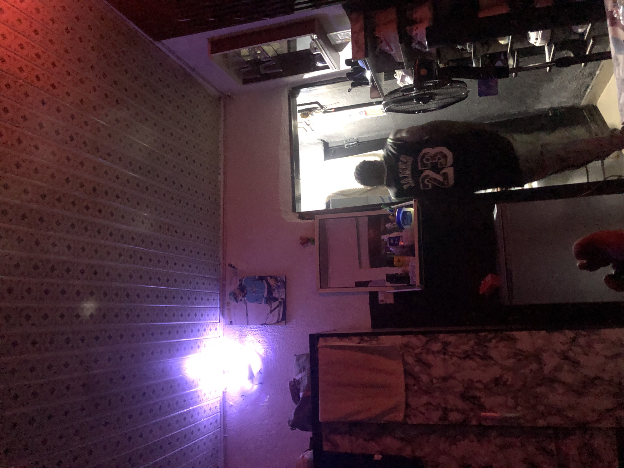 The image depicts an indoor scene with a person wearing a black basketball jersey with the name "JAMES" and the number "23" on the back, facing away from the camera and walking towards an open doorway. The room appears to be dimly lit, with purple and red lighting illuminating the ceiling. On the wall to the left, there is a framed picture of a person. To the right of the doorway, shelves are visible, stacked with various items including shoes and bottles. A standing fan is positioned near the doorway. The environment suggests a residential or casual living space.