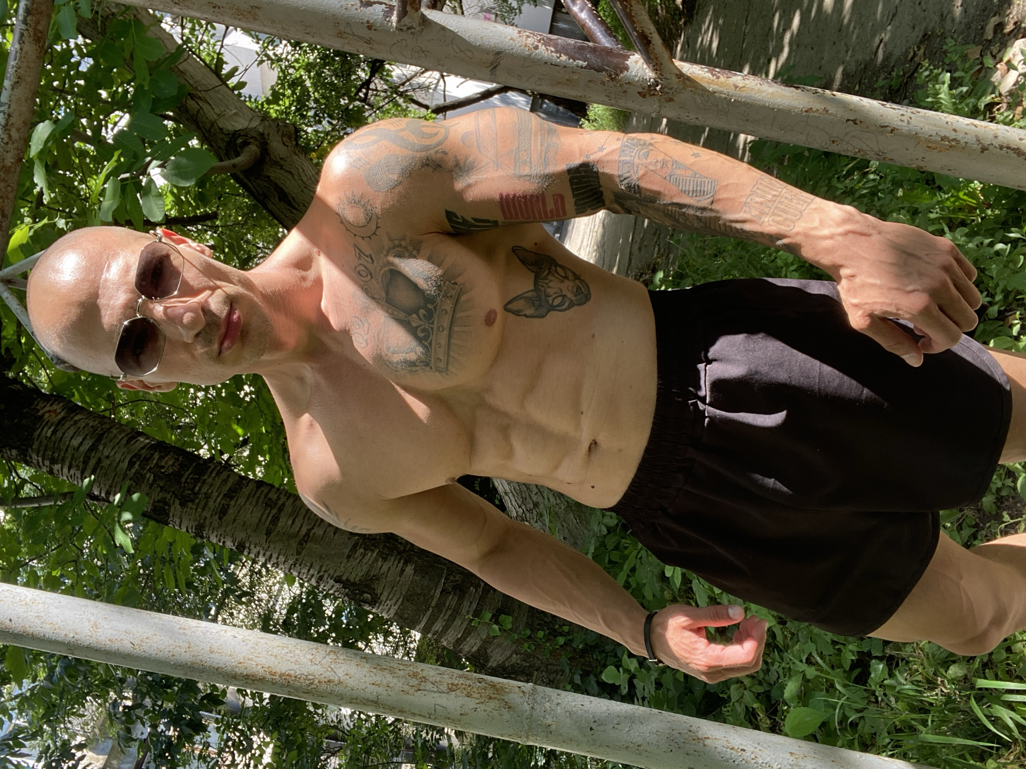An adult male with a bald head and sunglasses stands outdoors, leaning against a metal structure. He is shirtless, revealing a muscular physique and extensive tattoos on his chest and arms. He is wearing dark shorts. The background consists of lush green foliage and trees, with sunlight filtering through the leaves. The scene appears to be in a park or garden setting, possibly within the city of Pleven, Bulgaria.