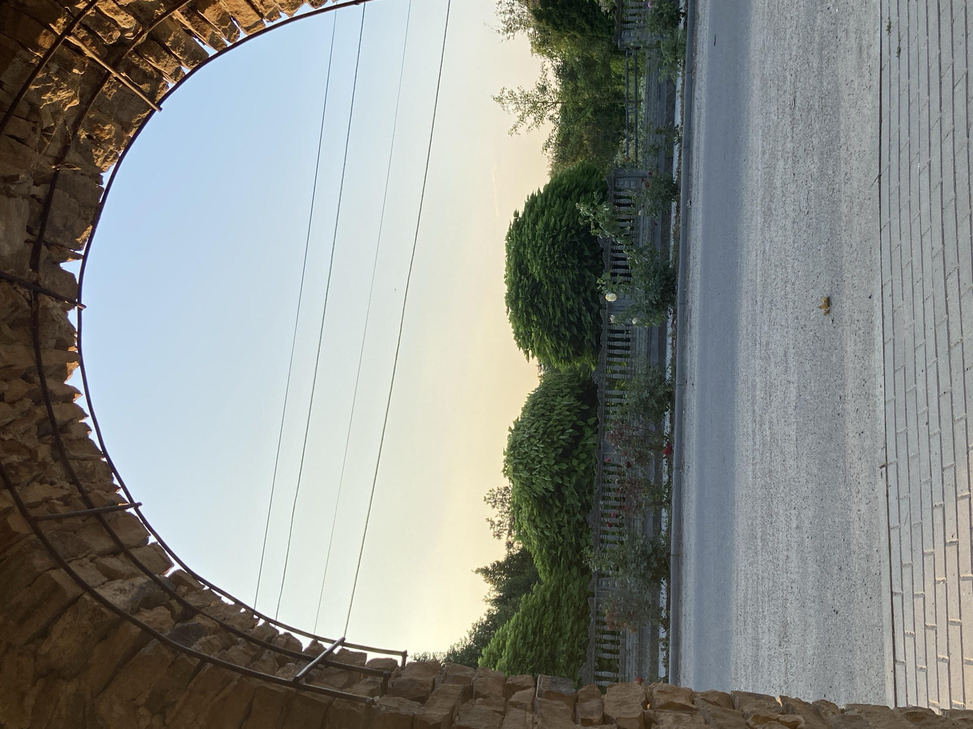 An arched stone entryway frames a view of a street, a fence, and lush greenery under a clear, pale sky. The entryway's rough-hewn stones are supported by visible metal rods. Beyond the arch, a paved road runs horizontally, bordered by a sidewalk made of light-colored bricks. A decorative concrete fence with ornate posts separates the road from a strip of land with rose bushes and other plants. Behind the fence, a variety of trees and bushes create a dense, green backdrop, with some taller trees reaching towards the sky. Power lines are visible across the upper portion of the sky. The scene appears to be set outdoors, possibly in a residential or park area, during daylight hours with soft lighting.