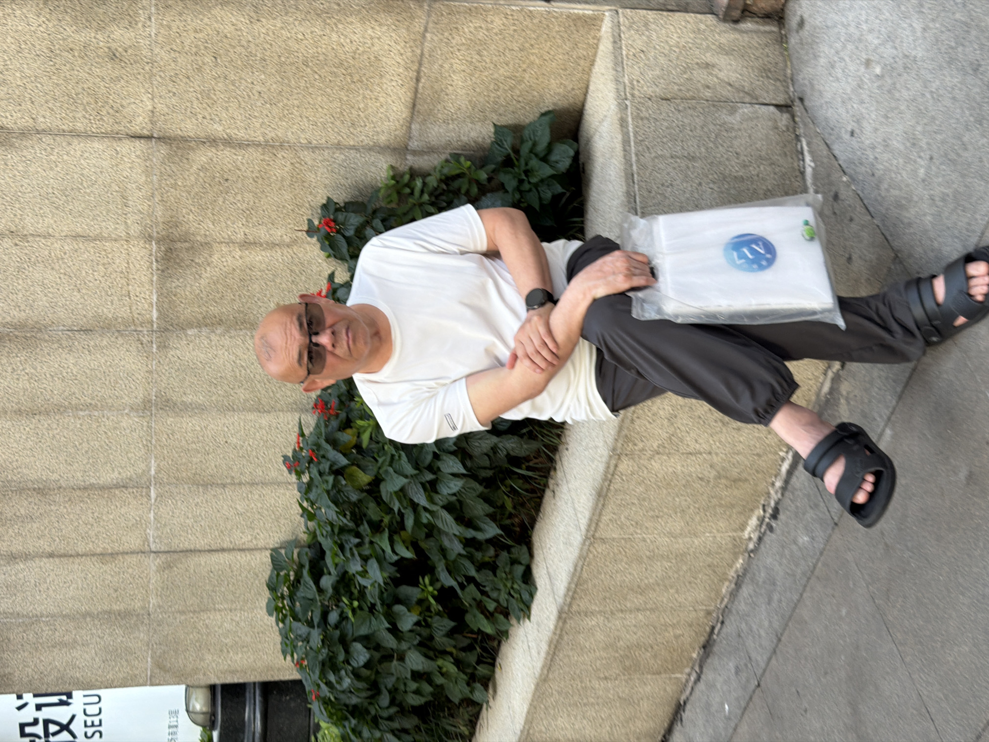 A bald man wearing sunglasses, a white t-shirt, and black pants is sitting on the ground next to a planter with green leaves and small red flowers. He is holding a clear plastic package with a blue and white circular logo on it. The man is wearing black sandals. The background consists of a textured, light-colored wall and a grey sidewalk. The scene appears to be outdoors, possibly in an urban setting given the wall and sidewalk. There is visible text on a white sign in the lower left corner of the image, part of which reads "SECUR". The overall impression is of a casual moment captured outdoors.
