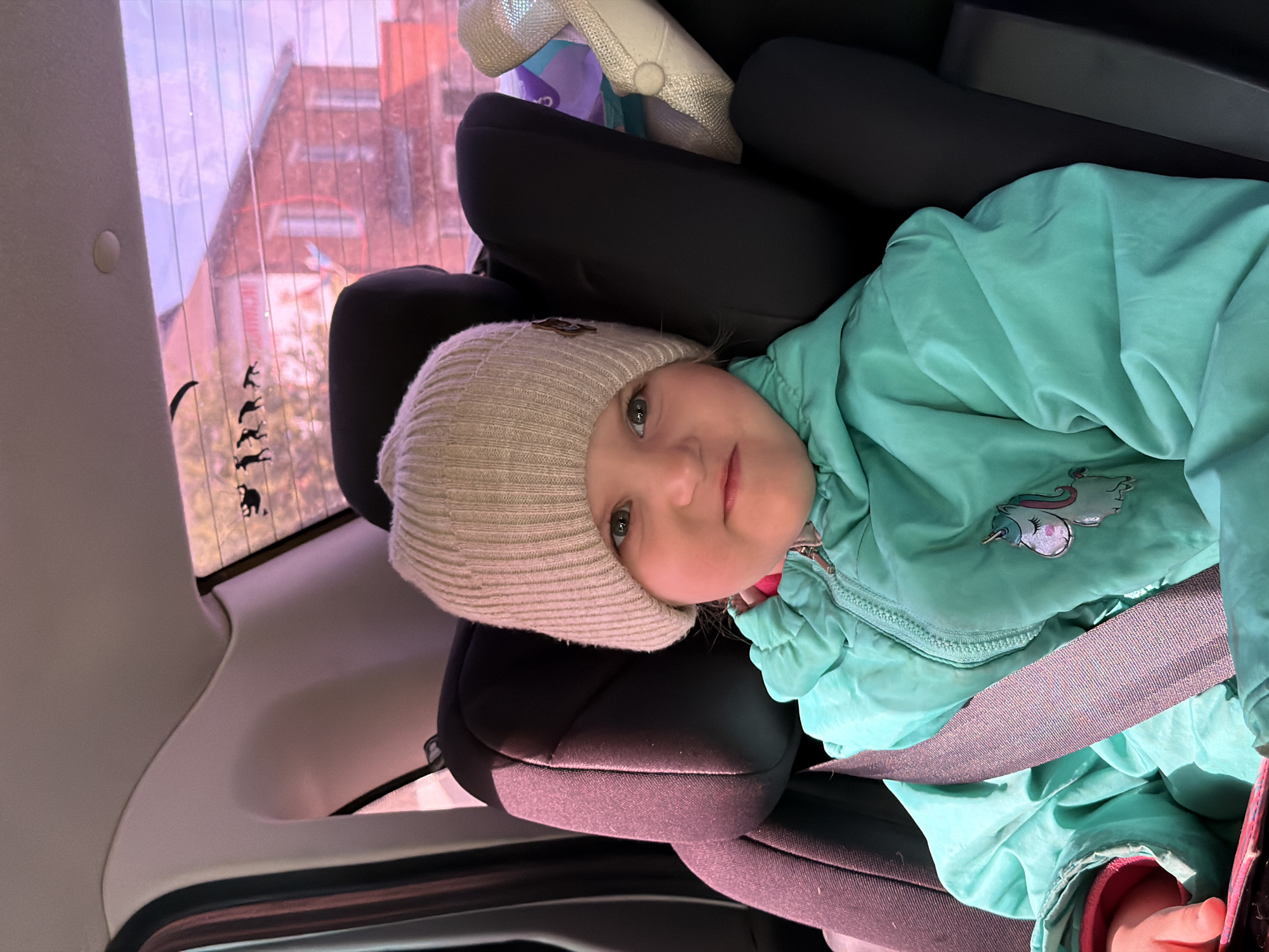 A young child is securely fastened in a car seat. The child is wearing a light green jacket with a unicorn design and a beige knitted hat. The car seat is black. In the background, visible through the car window, is a building that appears to be located in a residential area. There are silhouettes of animals on the window. The image was taken in the city of Chaikovsky, Russia.
