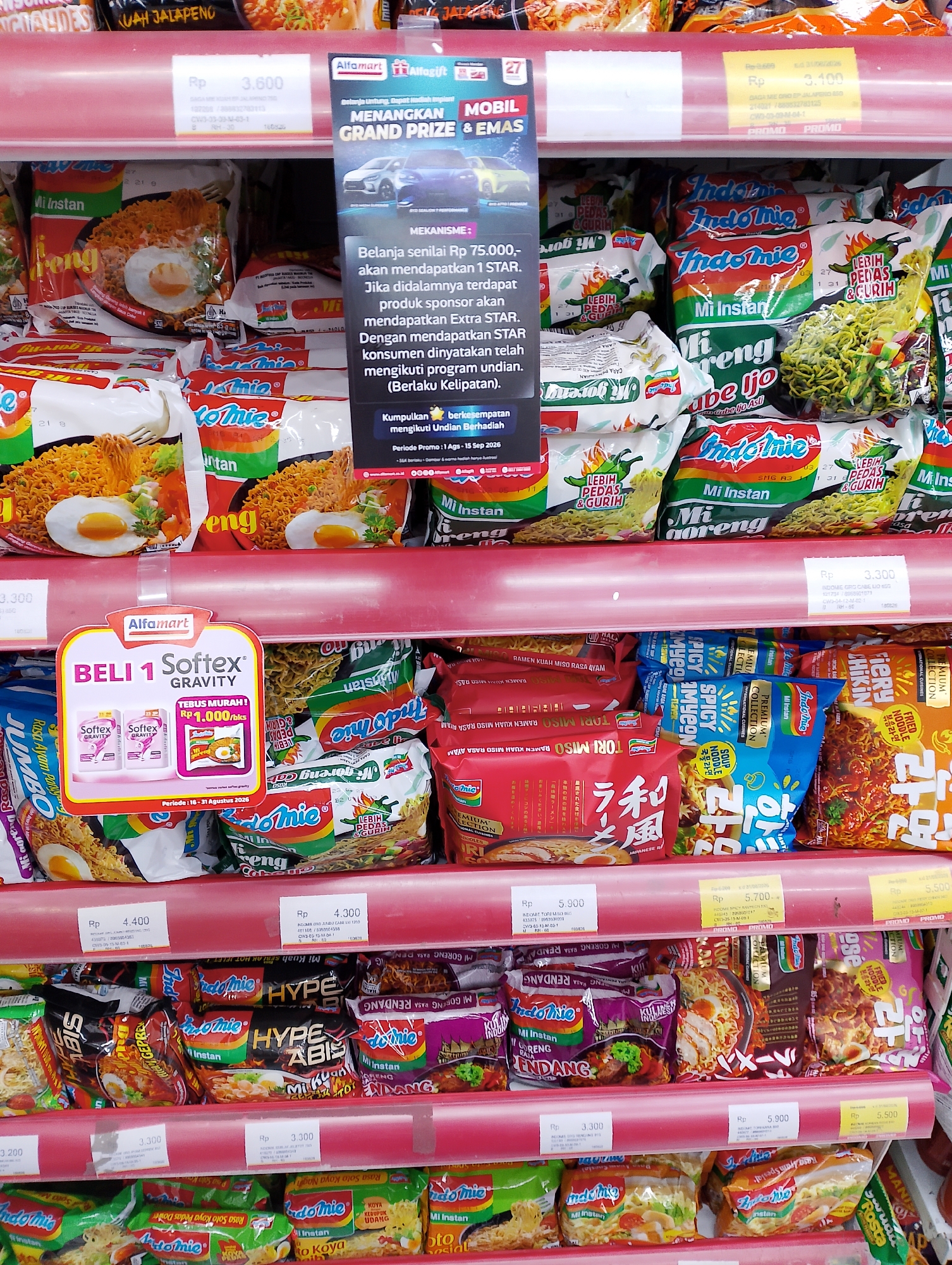 The image shows a retail display of instant noodles in an Alfamart store, likely located in Magelang, Indonesia. The products are arranged on red shelves. On the top shelf, there are several brands of instant noodles including Indomie. A promotional banner for "Menangkan GRAND PRIZE & EMAS" (Win GRAND PRIZE & GOLD) is visible, advertising a lottery with prizes of cars and gold. Prices are displayed for some items, such as Rp 3,600 and Rp 3,100.
The middle shelf features a promotional tag for Softex Gravity "BELI 1 GRATIS 1" (Buy 1 Get 1 Free), indicating a price of Rp 1,000 for the offer, valid from August 16-31, 2026. Various Indomie flavors are also present on this shelf, including "Mi Goreng Hype Abis" and "Mi Goreng Rendang". Prices are shown for items like Rp 4,400 and Rp 4,300.
The bottom shelf displays more instant noodle packages, with Indomie flavors such as "Mi Goreng Koya Udang" and "Mi Goreng Soto". Some prices visible are Rp 3,300, Rp 5,900, and Rp 5,500. The environment appears to be a well-lit supermarket aisle, with the products neatly organized for sale. No people are visible in the image.
