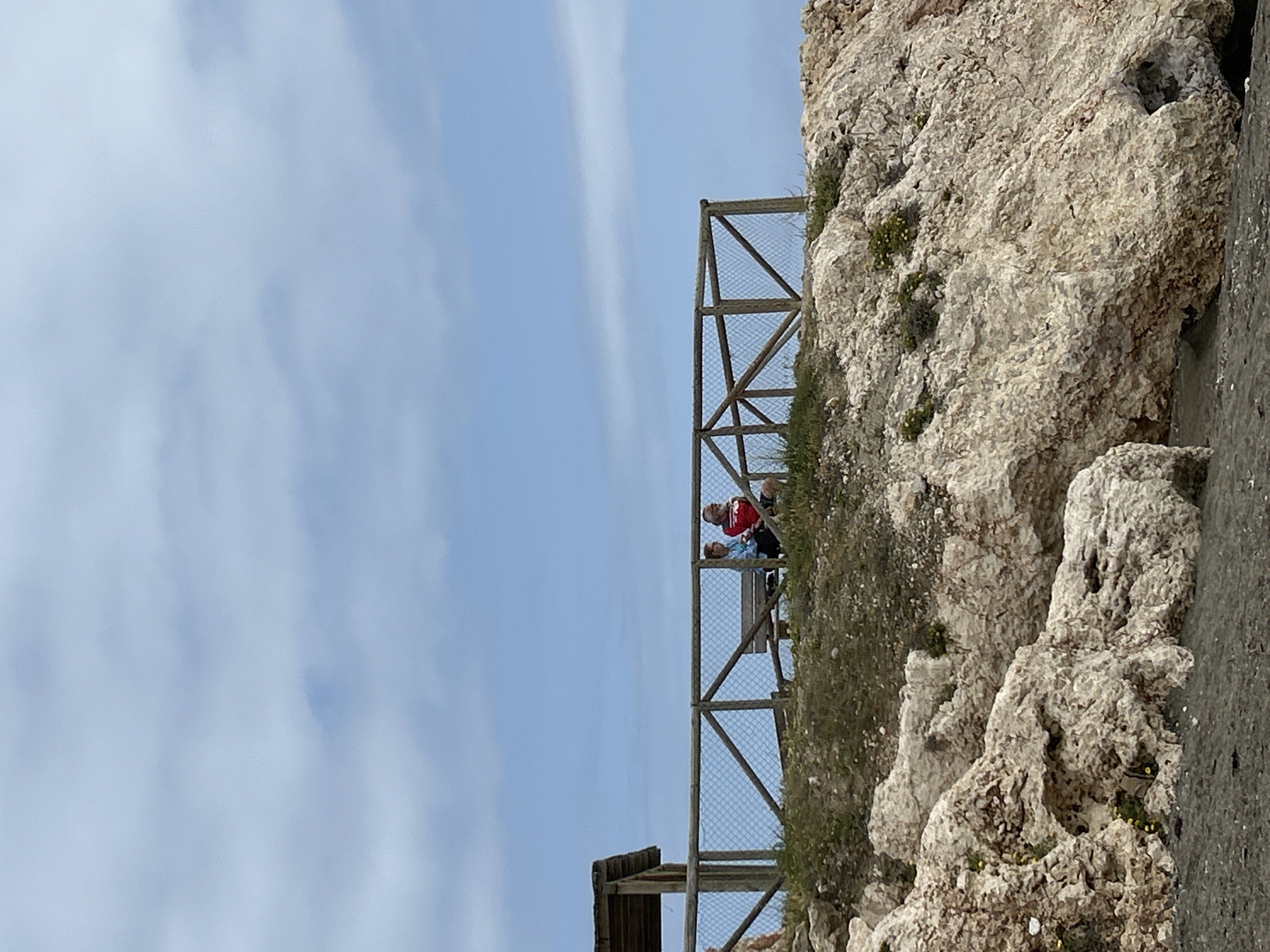 The image, initially presented vertically, depicts a scenic outdoor viewpoint on a rocky cliff face, characteristic of a coastal or mountainous region like Málaga, Spain.
The upper portion of the corrected image shows a bright blue sky with scattered white, wispy clouds. To the right, a rugged, light-colored rock cliff dominates, displaying intricate textures, crevices, and sparse patches of green foliage interspersed with small yellow flowers. Extending from the left side and along the cliff is a man-made wooden viewing platform or walkway. This structure features a sturdy wooden frame supporting a fine-mesh fence, designed for safety.
Two individuals are observed on the platform. One person, wearing a red top and a cap, is leaning or sitting against a wooden bench or railing. Another individual, dressed in a lighter blue top, is also present, appearing to be observing the view or resting. The activity depicted is leisurely, suggesting visitors enjoying the panoramic setting.
The time of day is clearly daytime, evidenced by the bright, natural illumination and the absence of harsh shadows. The weather is fair with a partly cloudy sky. There is no visible text in the image. The overall impression is one of calm and natural beauty at an accessible overlook.