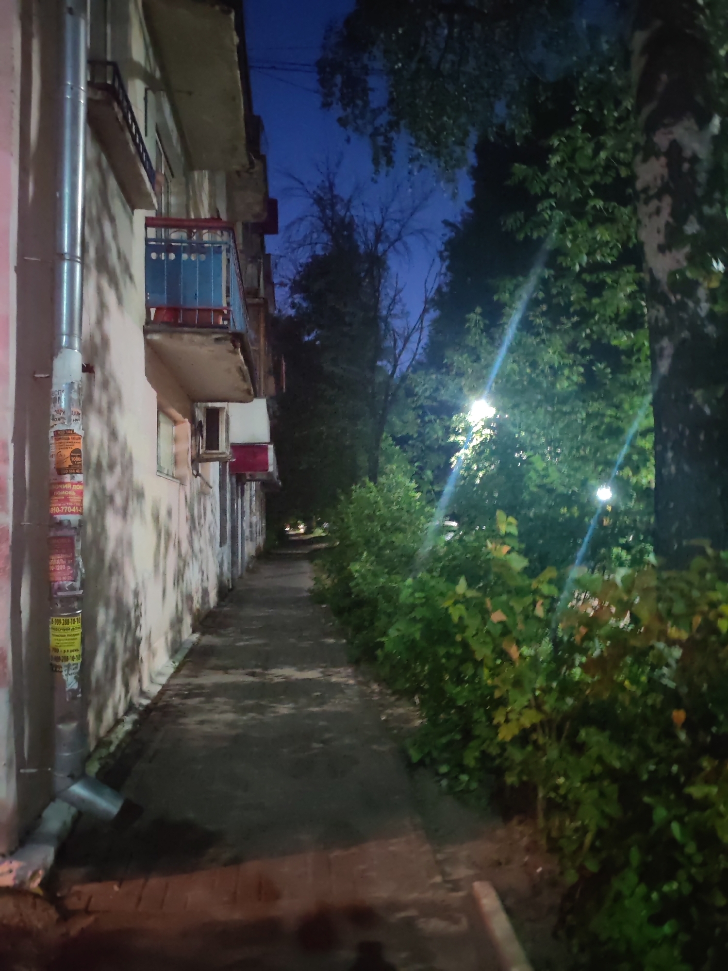 The image depicts a narrow pedestrian pathway adjacent to the side of a multi-story apartment building, situated at night in the city of Vladimir, Russia. The building, constructed from concrete, features a light-colored facade and a prominent silver downspout running vertically along its exterior. Several balconies are visible on the building, one of which has blue siding. Flyers are attached to the downspout. The pathway is paved with interlocking bricks and concrete slabs. To the right of the path, dense green foliage and trees line the area, with at least two streetlights illuminating the scene, casting bright beams and lens flares. The sky above is a deep blue, characteristic of twilight or night. The overall ambiance suggests an urban residential environment.